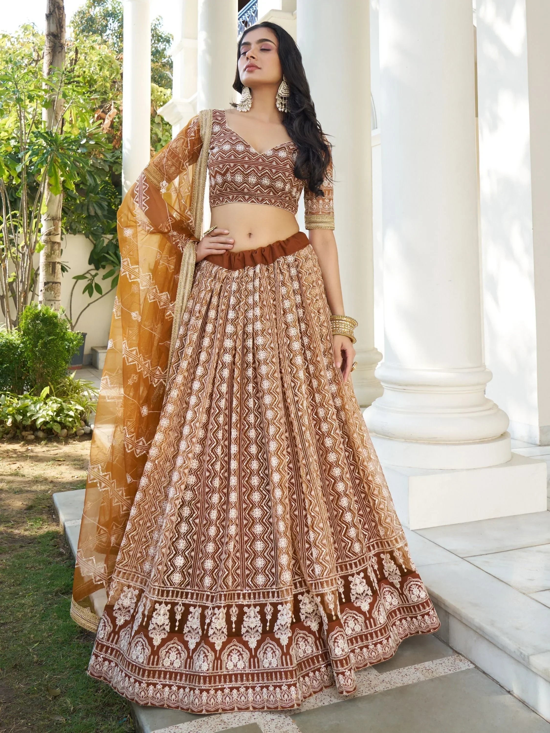 Fascinating Brown Thread Work Net Wedding Wear Lehenga Choli