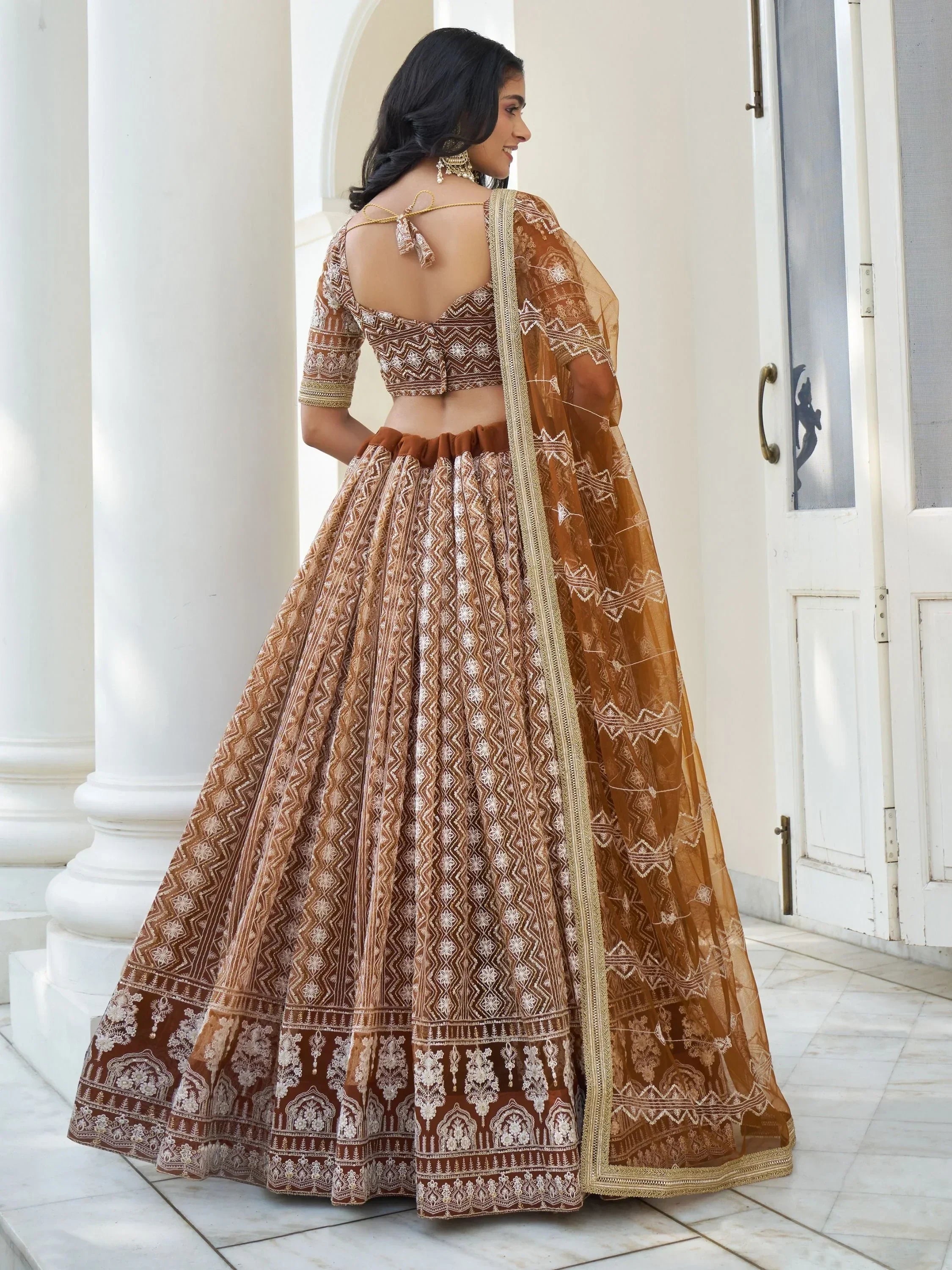Fascinating Brown Thread Work Net Wedding Wear Lehenga Choli