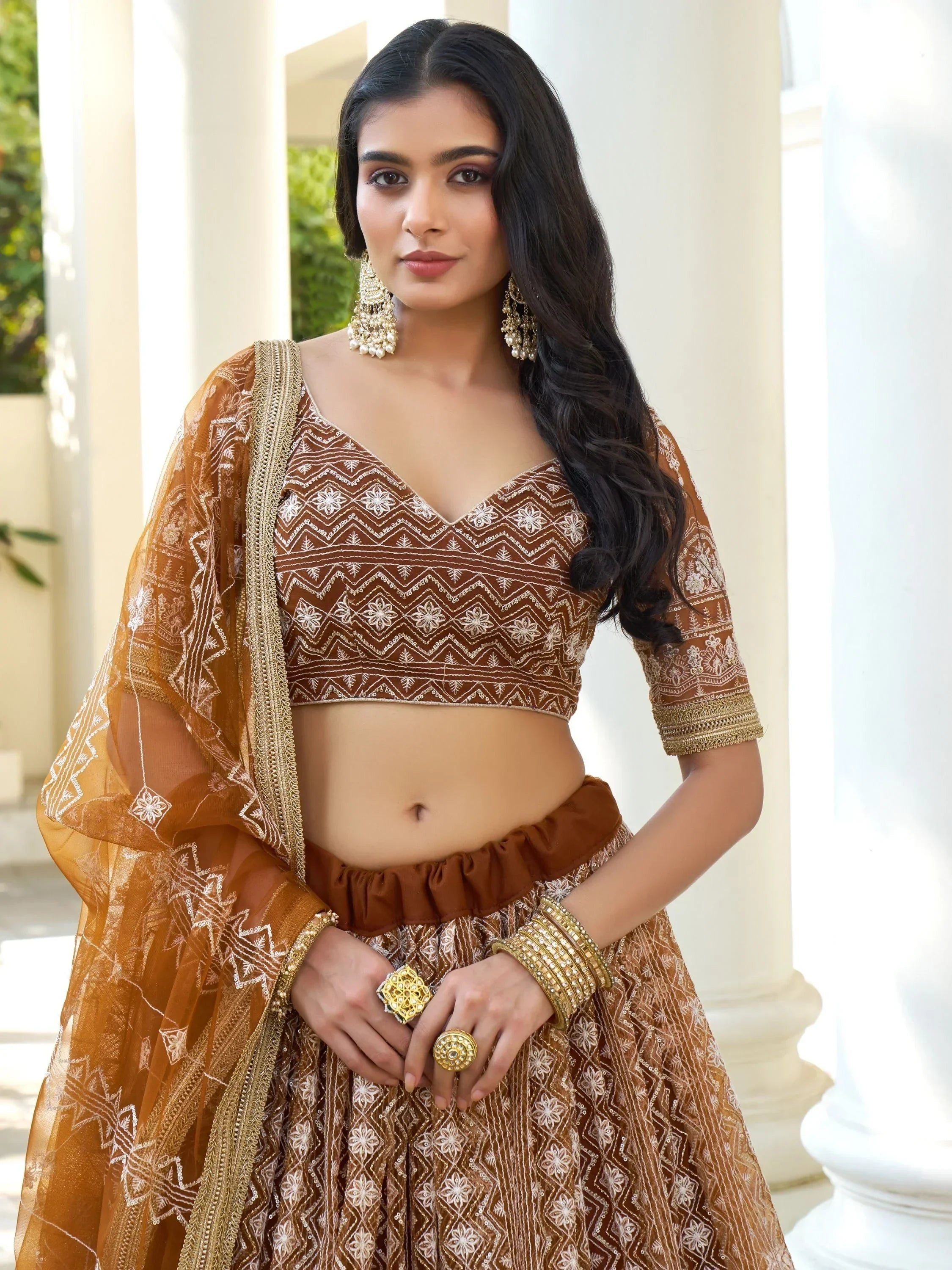 Fascinating Brown Thread Work Net Wedding Wear Lehenga Choli
