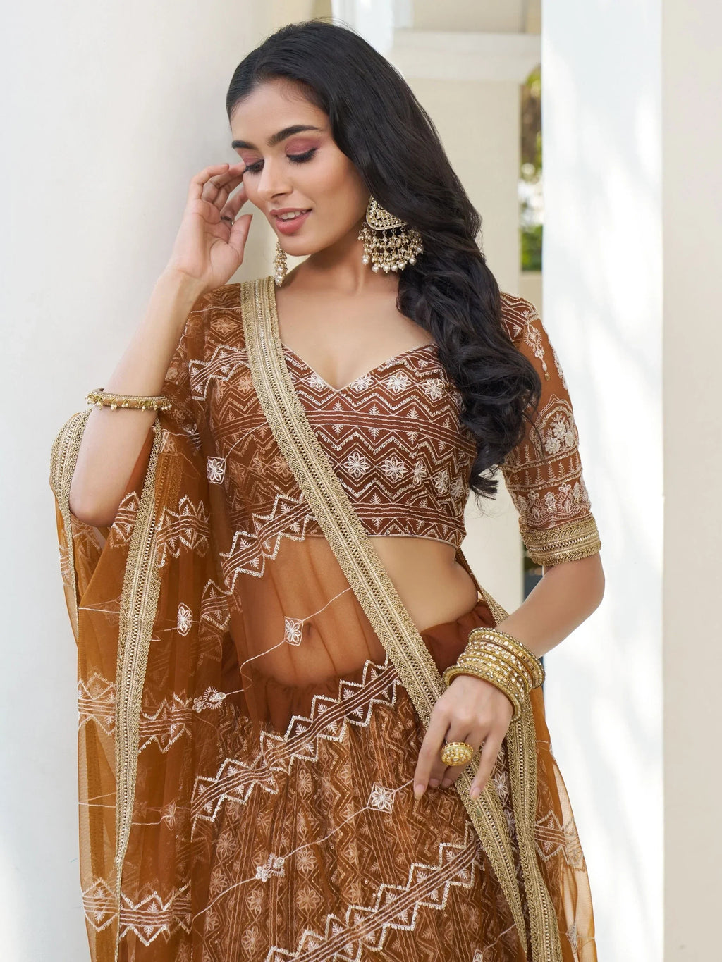 Fascinating Brown Thread Work Net Wedding Wear Lehenga Choli