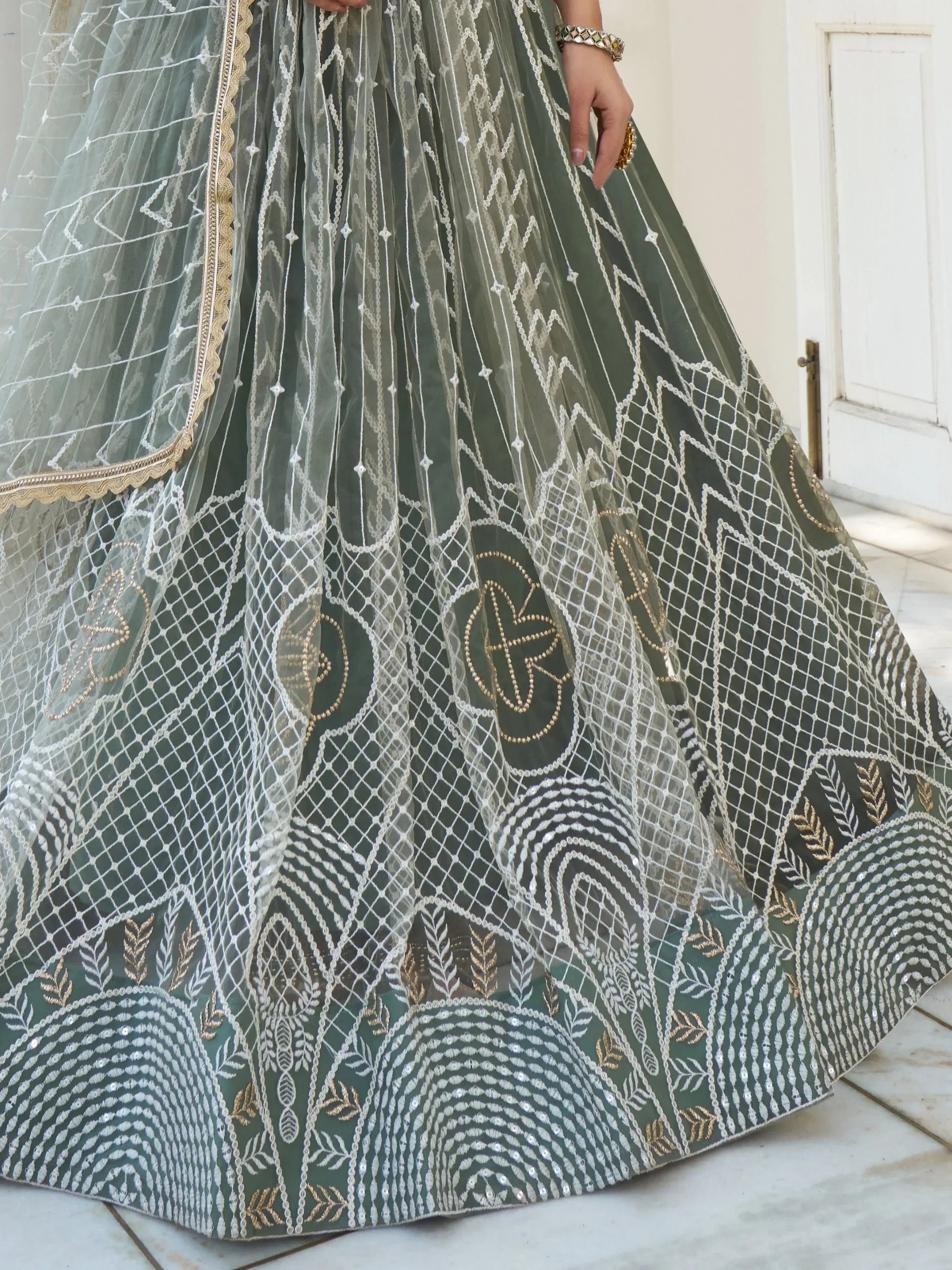 Stunning Dusty Green Thread Work Net Designer Lehenga Choli