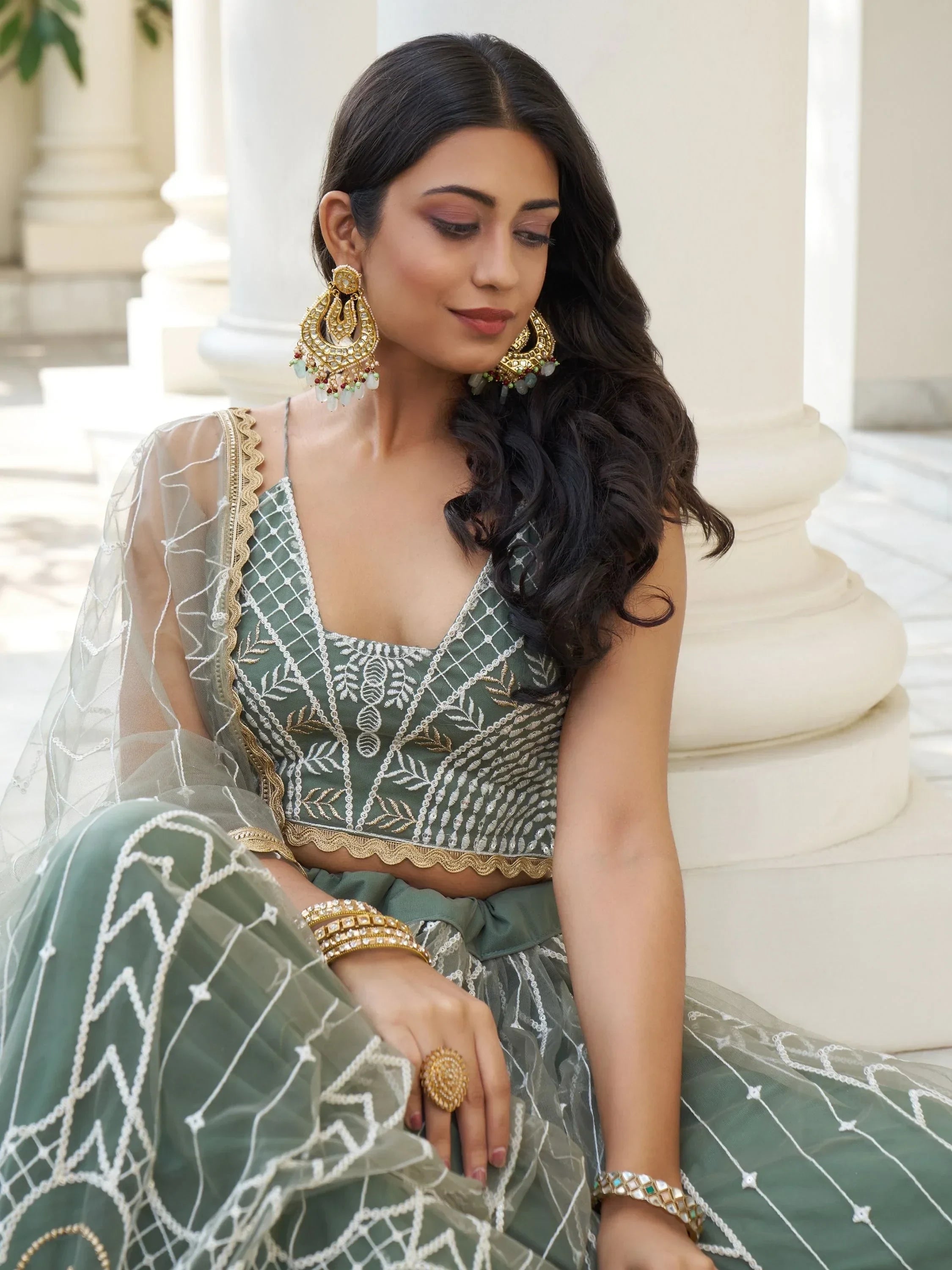 Stunning Dusty Green Thread Work Net Designer Lehenga Choli