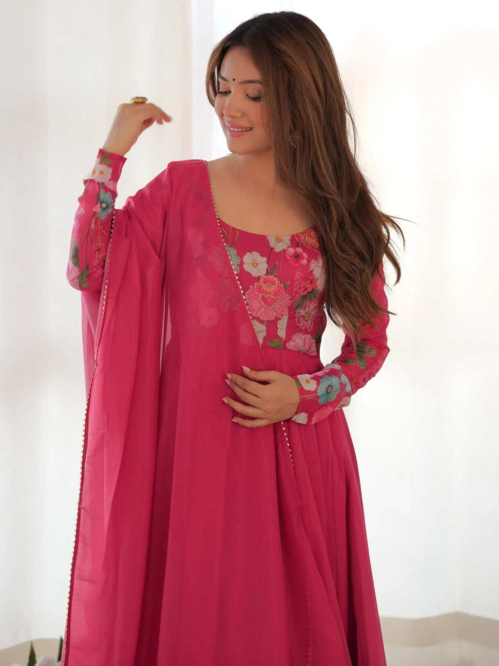 Pink Incredible Floral Printed Organza Festival Wear Anarkali Suit