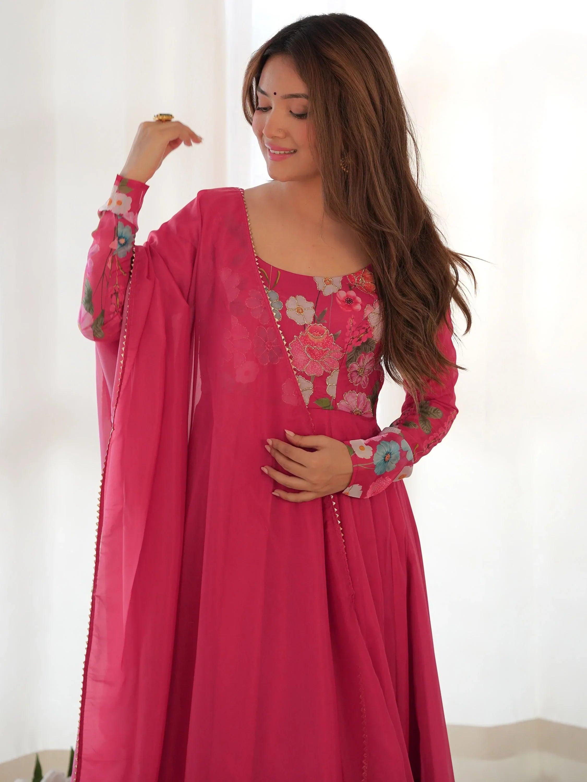 Pink Incredible Floral Printed Organza Festival Wear Anarkali Suit
