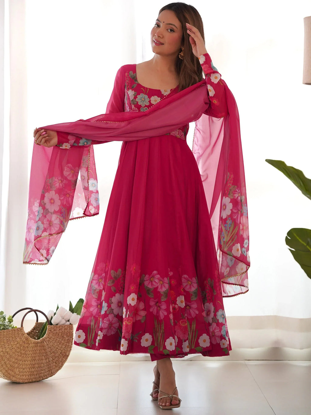 Pink Incredible Floral Printed Organza Festival Wear Anarkali Suit