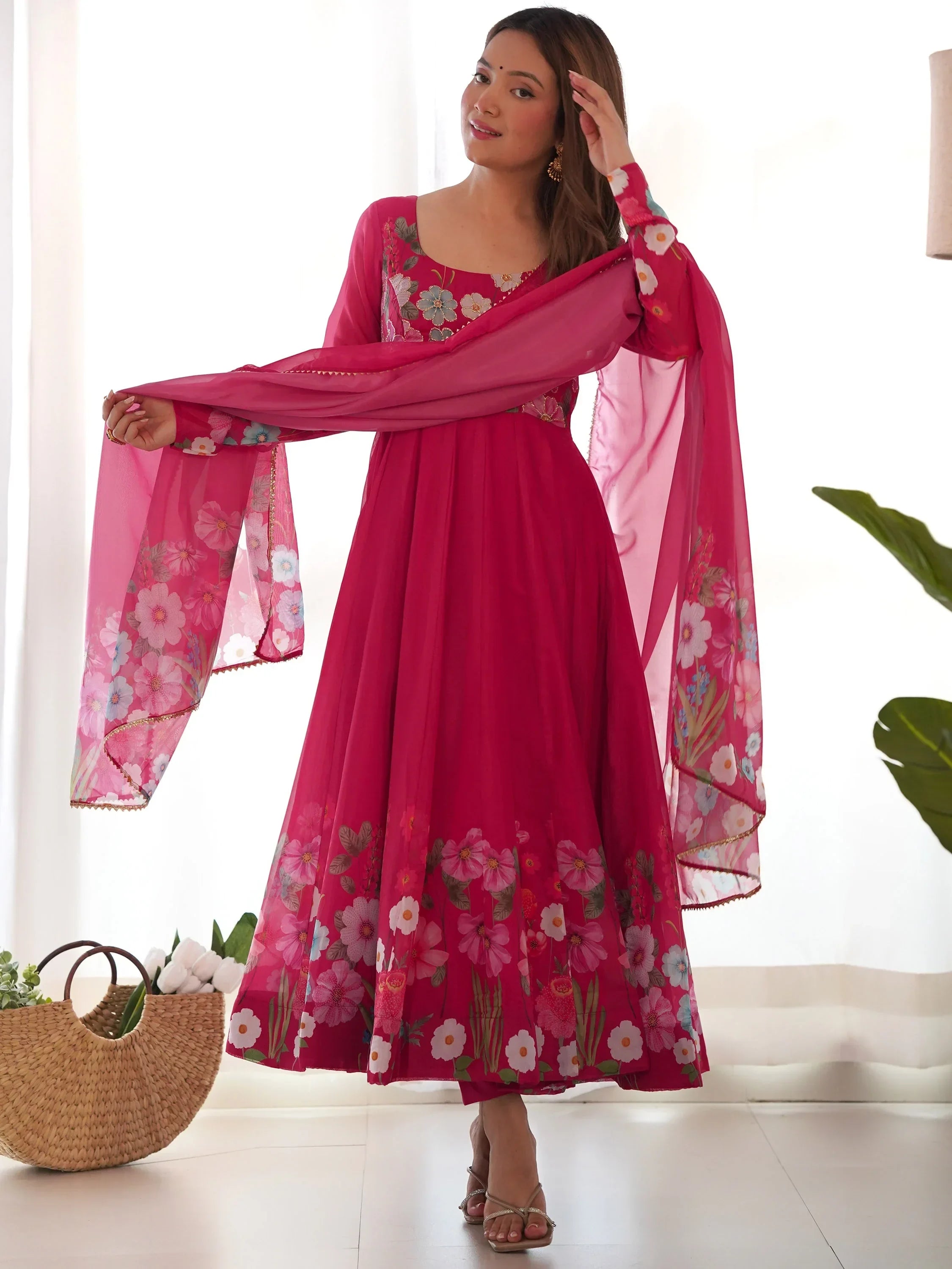Pink Incredible Floral Printed Organza Festival Wear Anarkali Suit