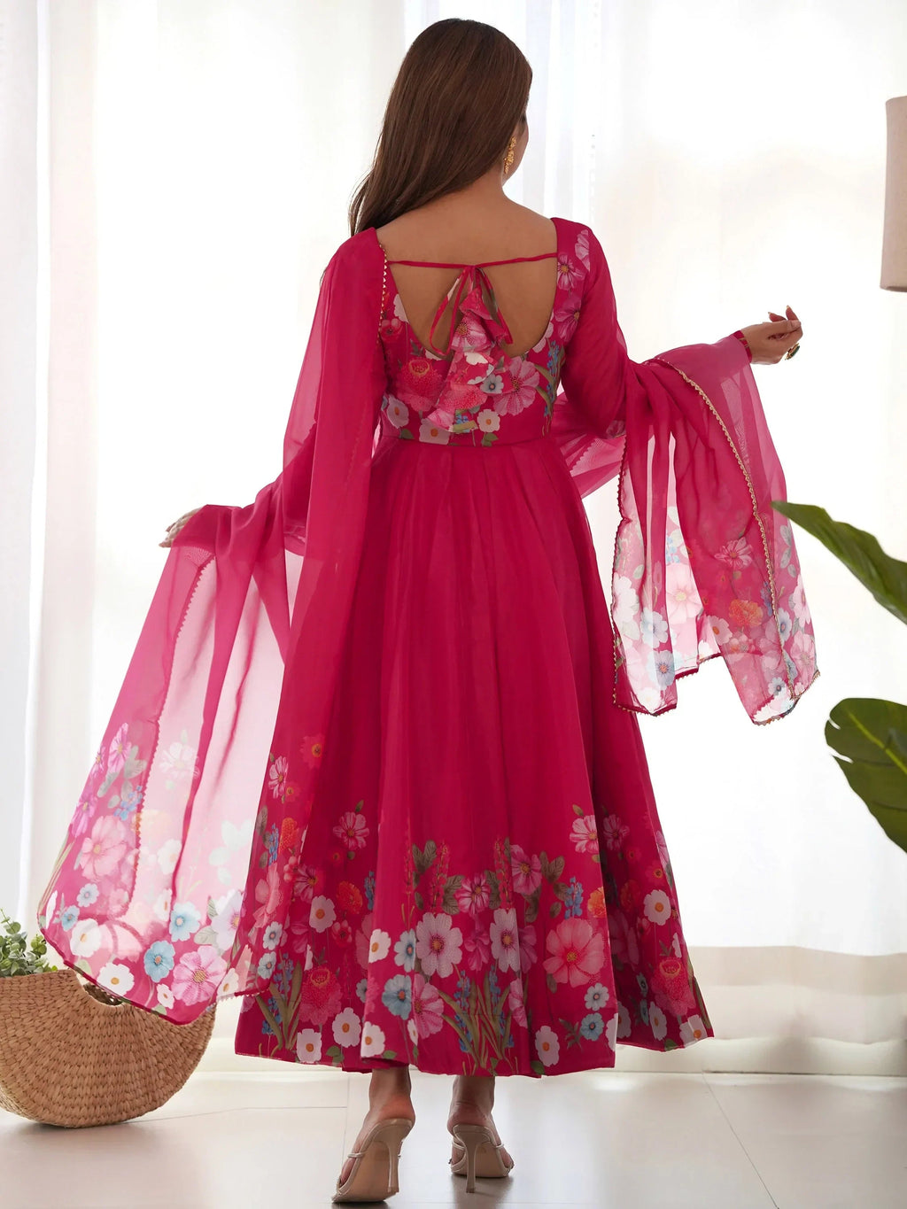 Pink Incredible Floral Printed Organza Festival Wear Anarkali Suit