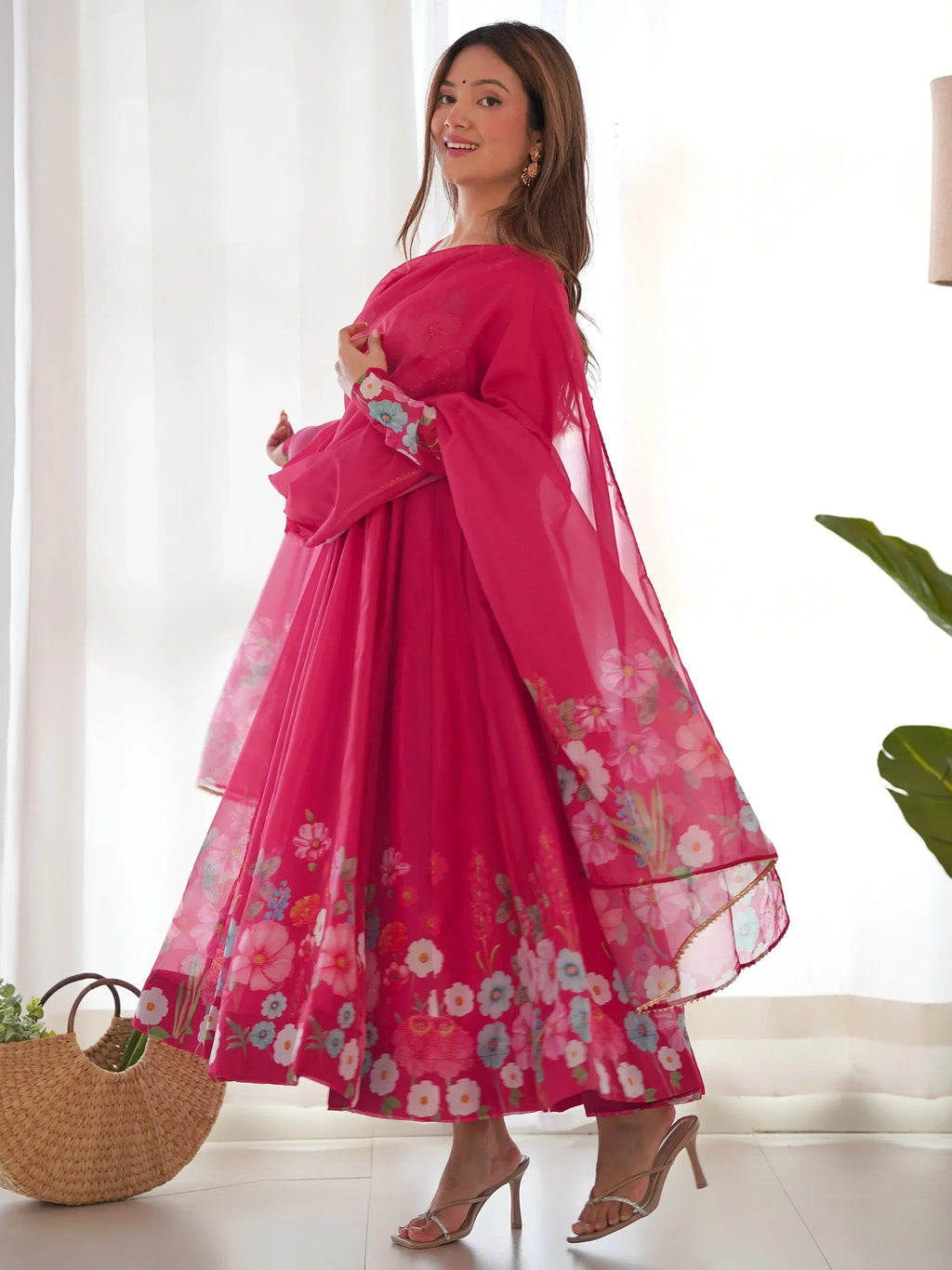 Pink Incredible Floral Printed Organza Festival Wear Anarkali Suit
