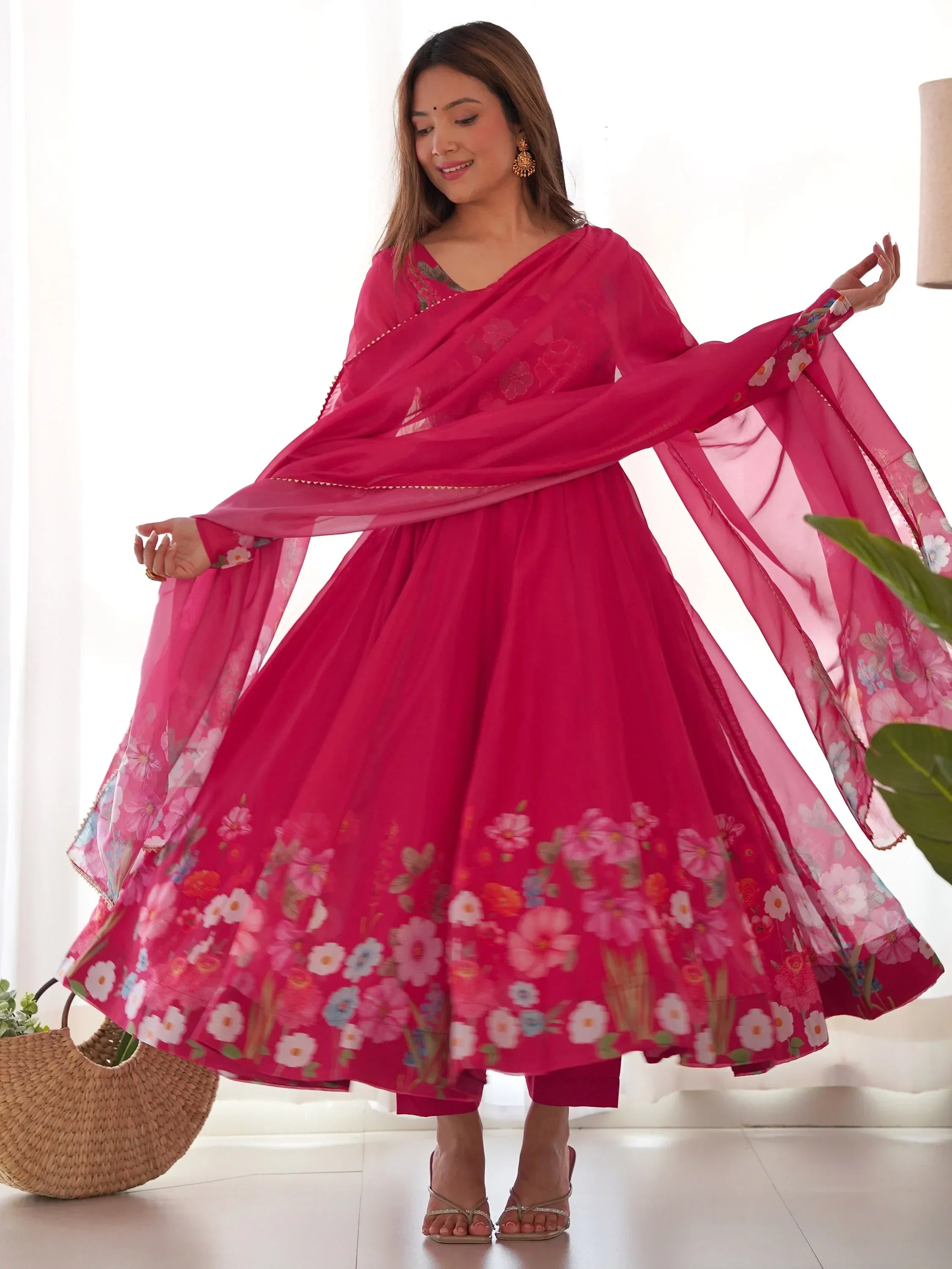 Pink Incredible Floral Printed Organza Festival Wear Anarkali Suit
