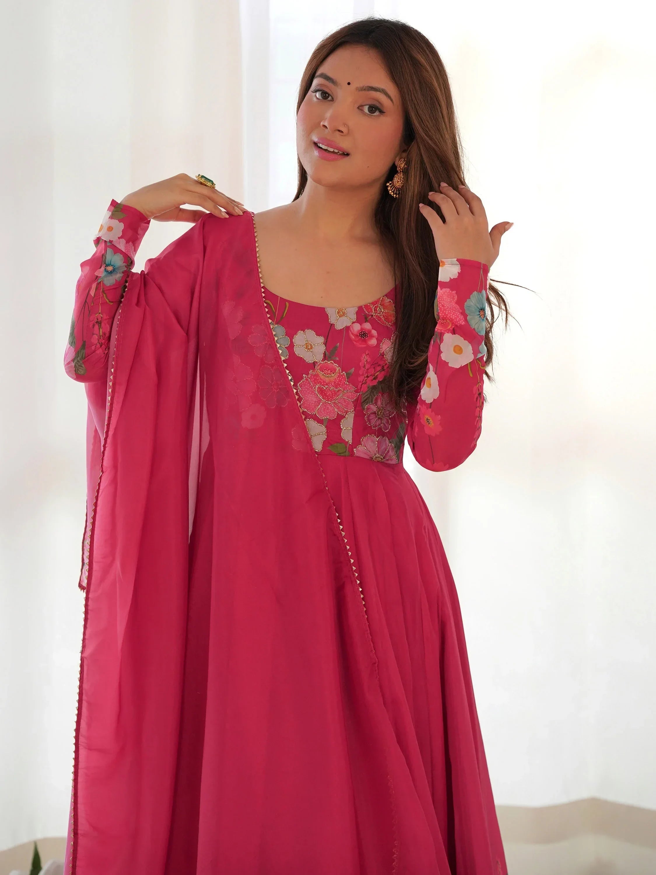 Pink Incredible Floral Printed Organza Festival Wear Anarkali Suit