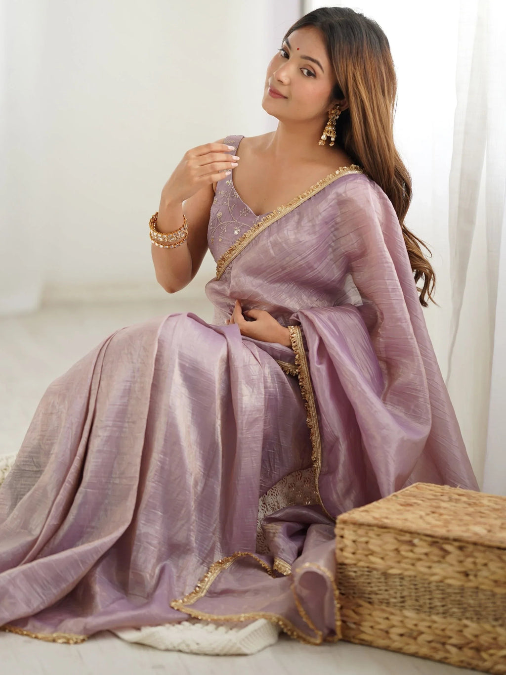 Mauve Spectacular Light Tissue Silk Pre Stitched Saree With Blouse
