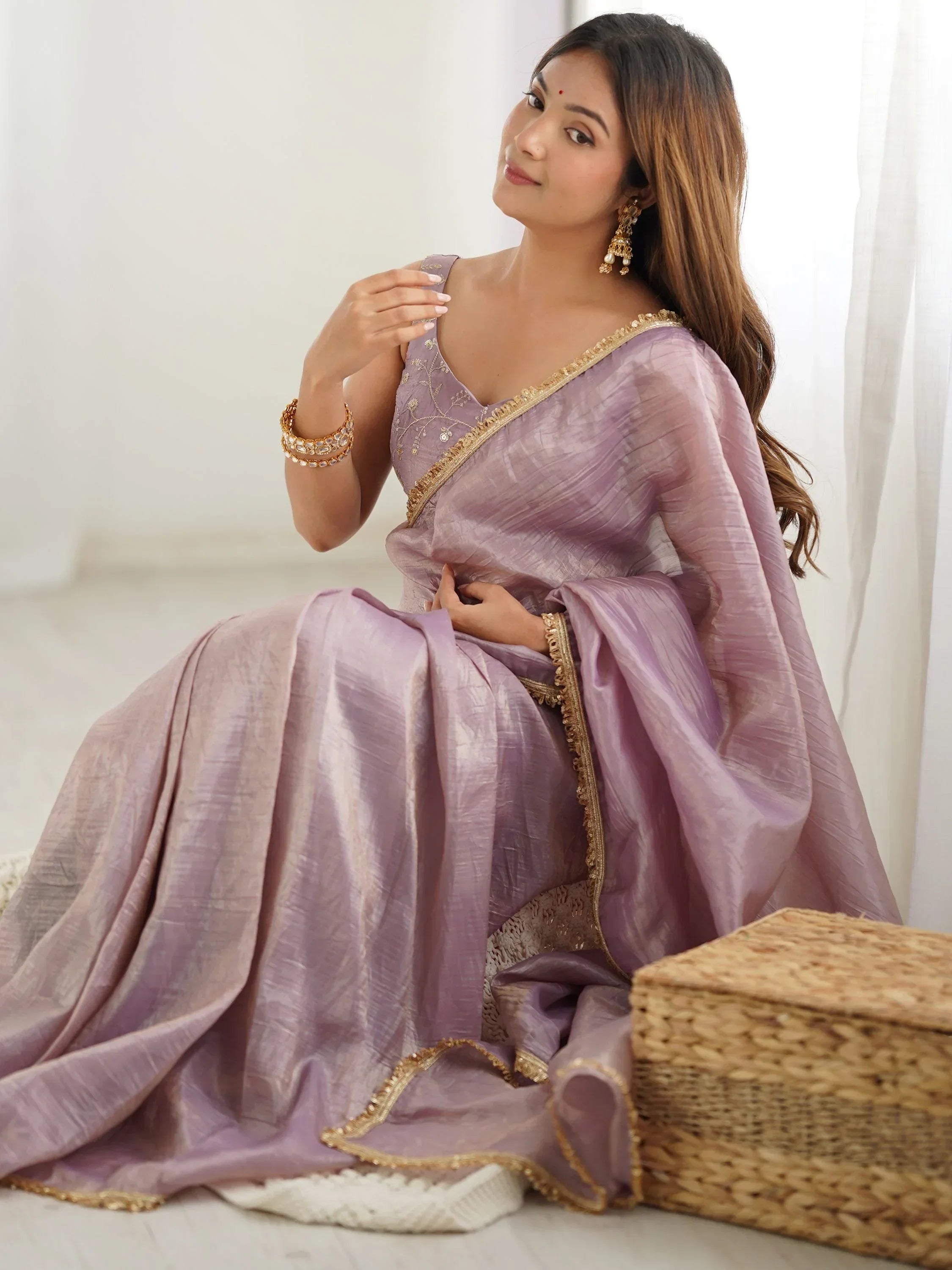 Mauve Spectacular Light Tissue Silk Pre Stitched Saree With Blouse