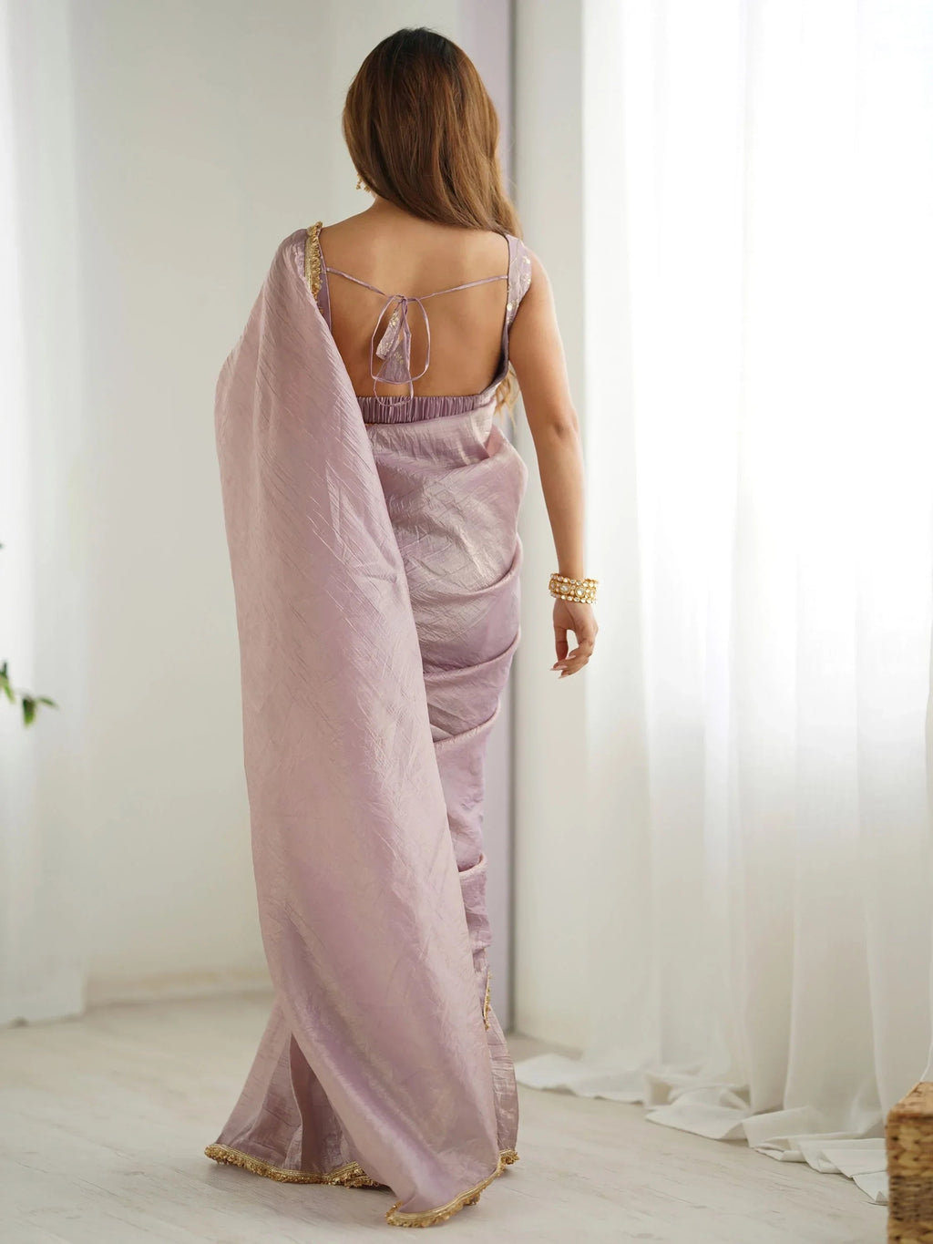 Mauve Spectacular Light Tissue Silk Pre Stitched Saree With Blouse