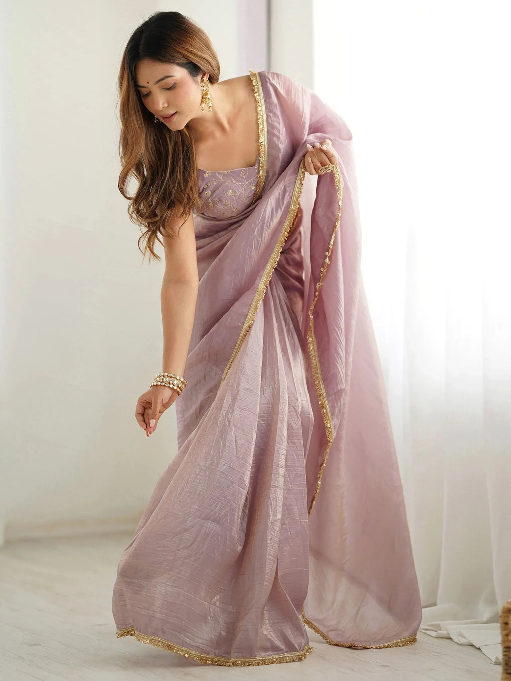 Mauve Spectacular Light Tissue Silk Pre Stitched Saree With Blouse