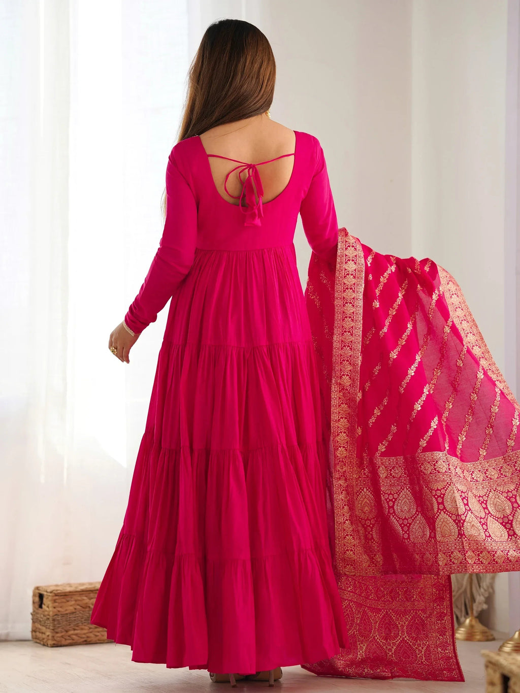 Hot Pink Lovely Chanderi Festival Wear Anarkali Suit With Banarasi Dupatta