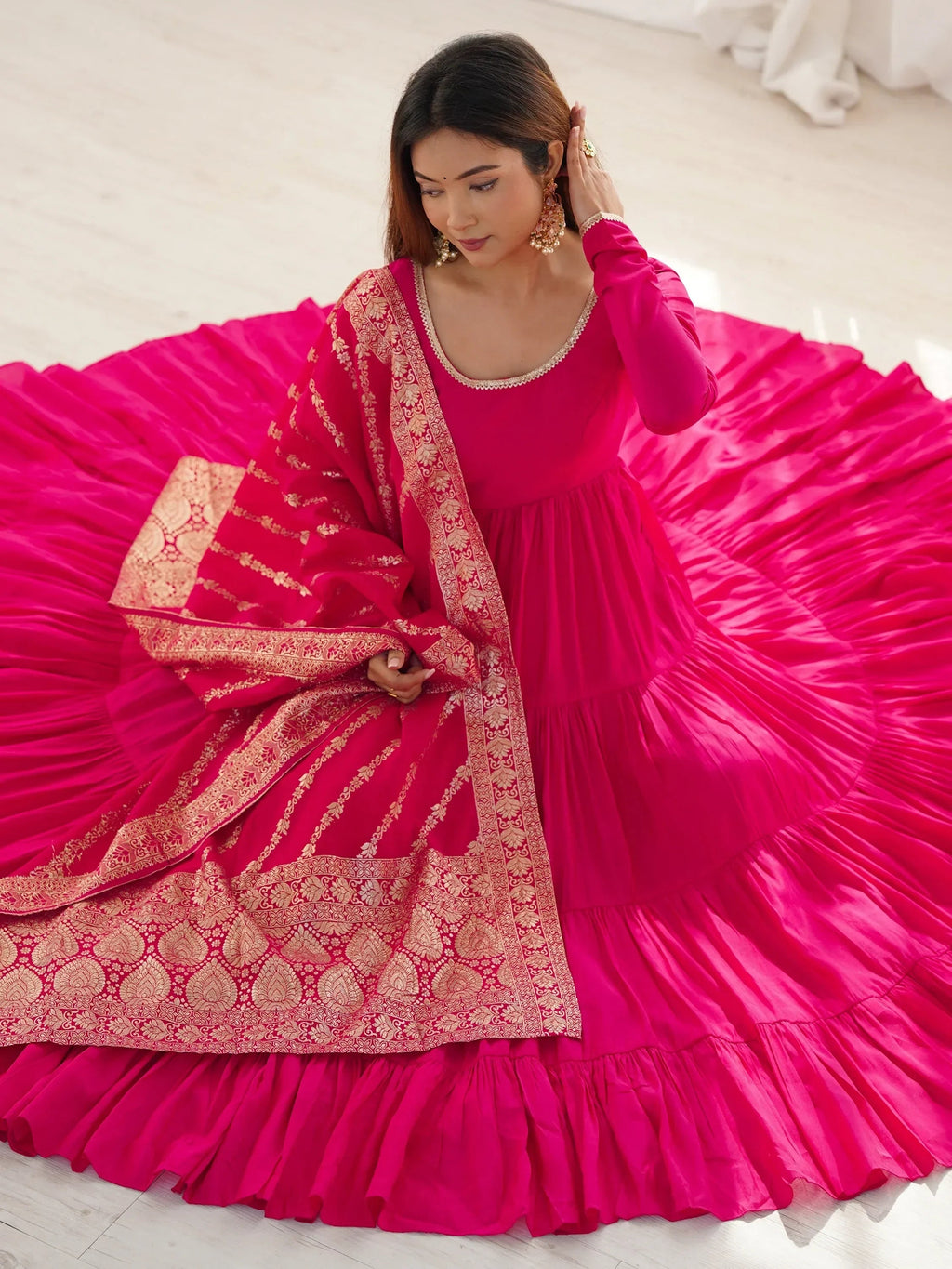 Hot Pink Lovely Chanderi Festival Wear Anarkali Suit With Banarasi Dupatta