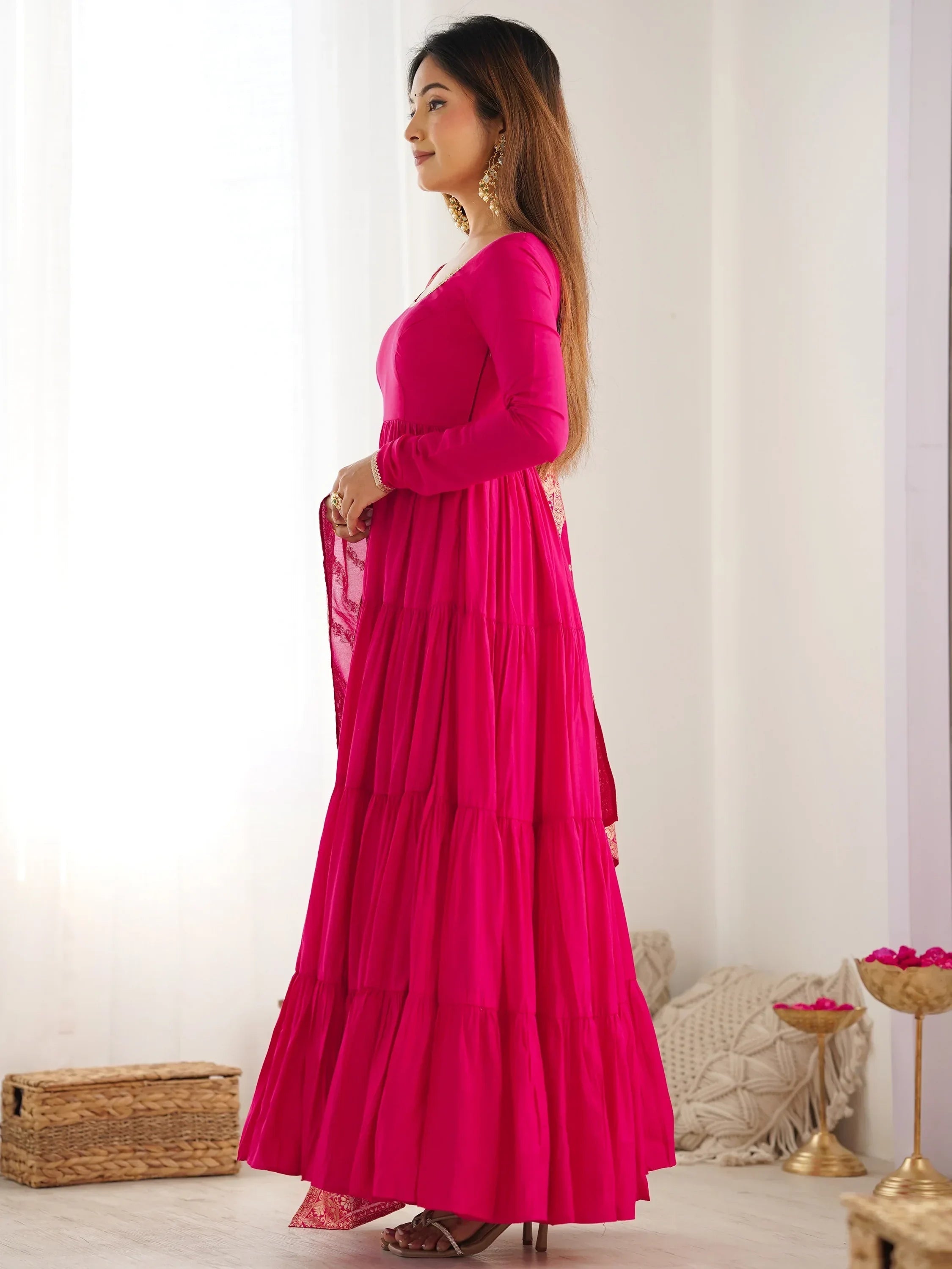 Hot Pink Lovely Chanderi Festival Wear Anarkali Suit With Banarasi Dupatta
