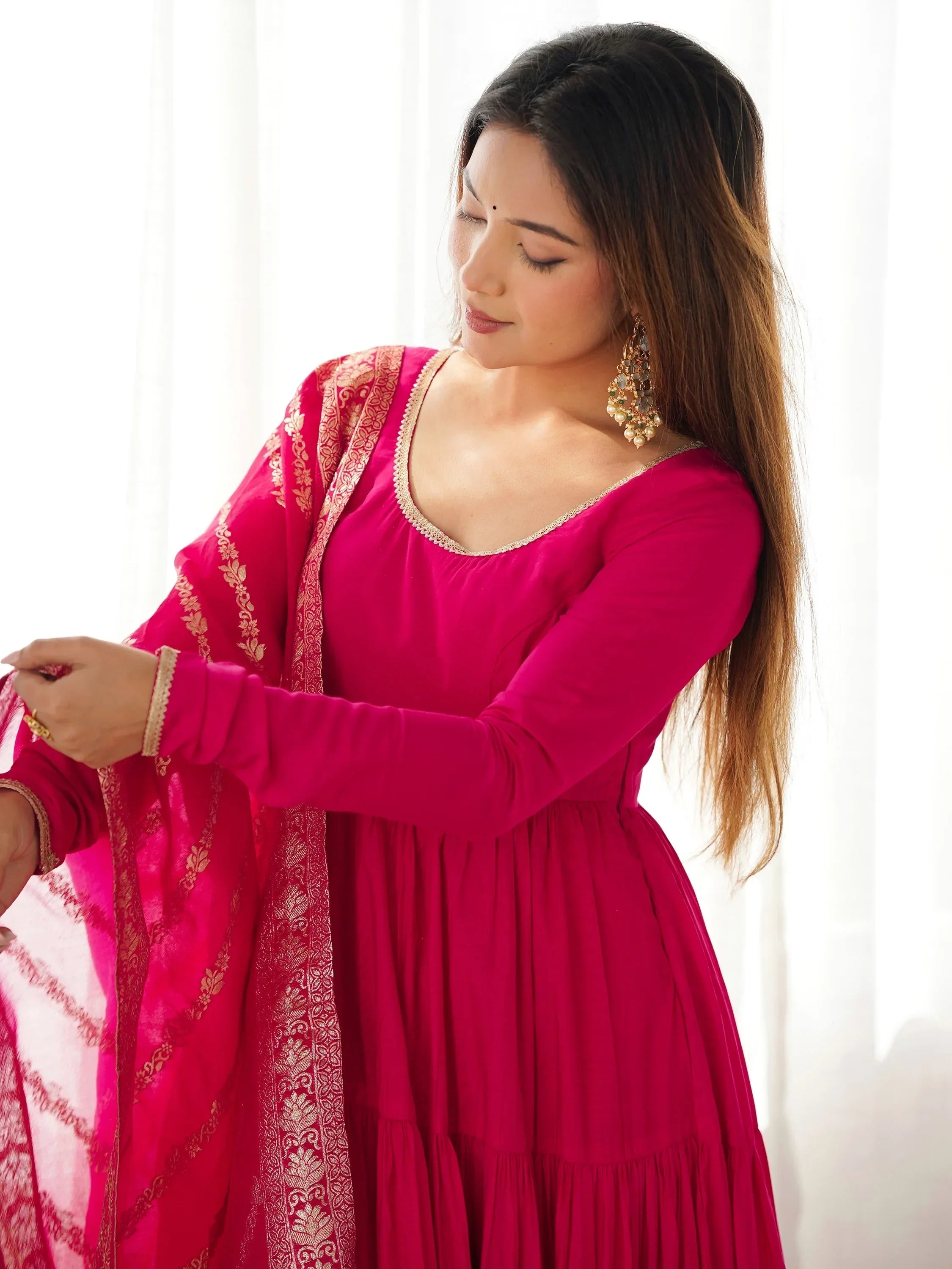 Hot Pink Lovely Chanderi Festival Wear Anarkali Suit With Banarasi Dupatta