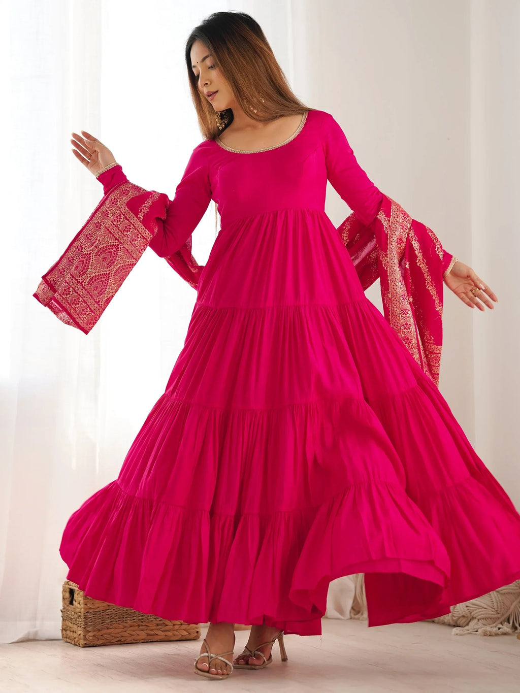 Hot Pink Lovely Chanderi Festival Wear Anarkali Suit With Banarasi Dupatta