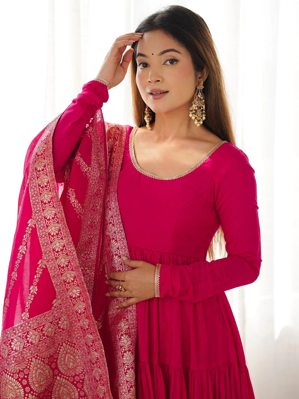 Hot Pink Lovely Chanderi Festival Wear Anarkali Suit With Banarasi Dupatta