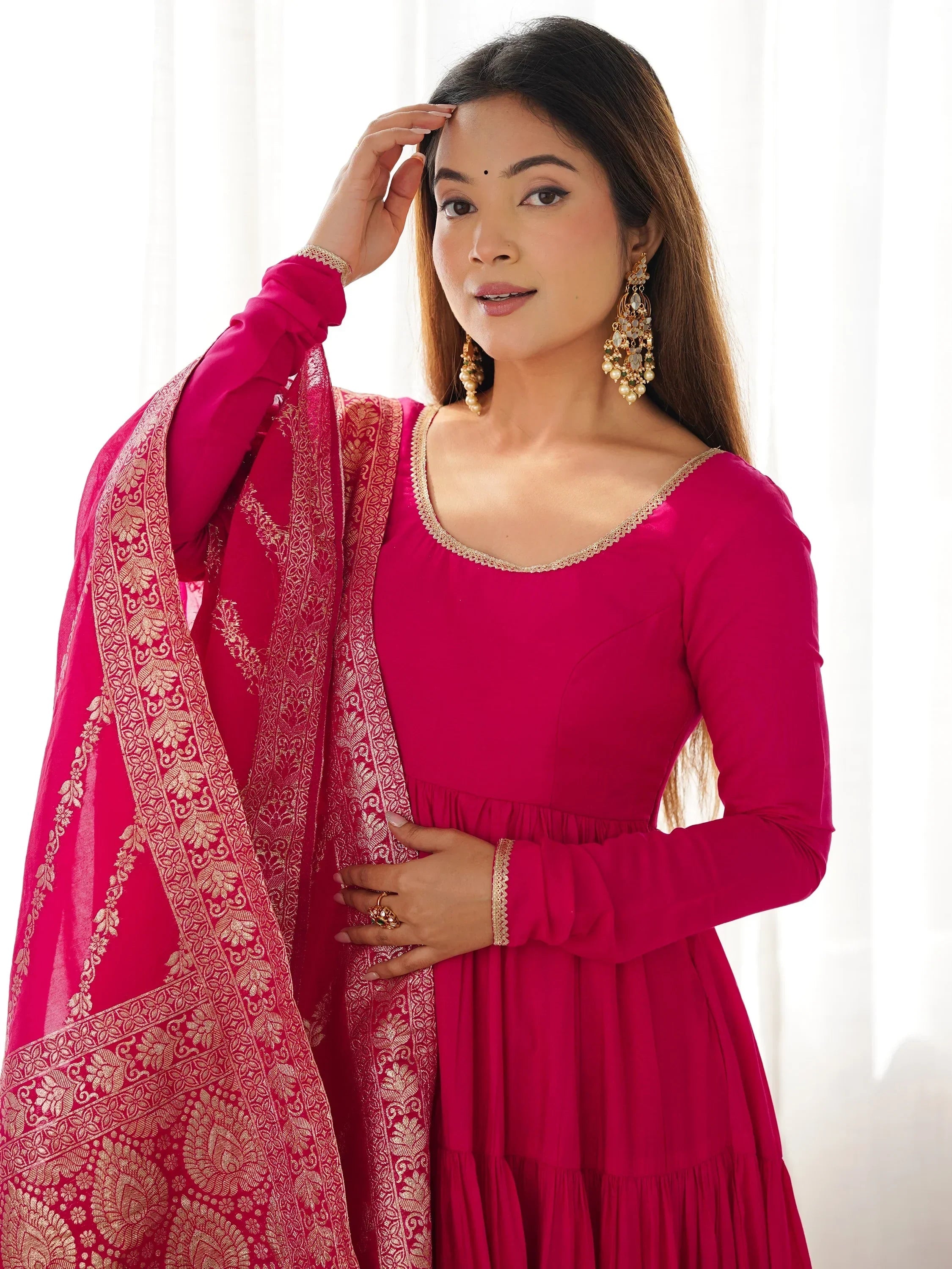 Hot Pink Lovely Chanderi Festival Wear Anarkali Suit With Banarasi Dupatta