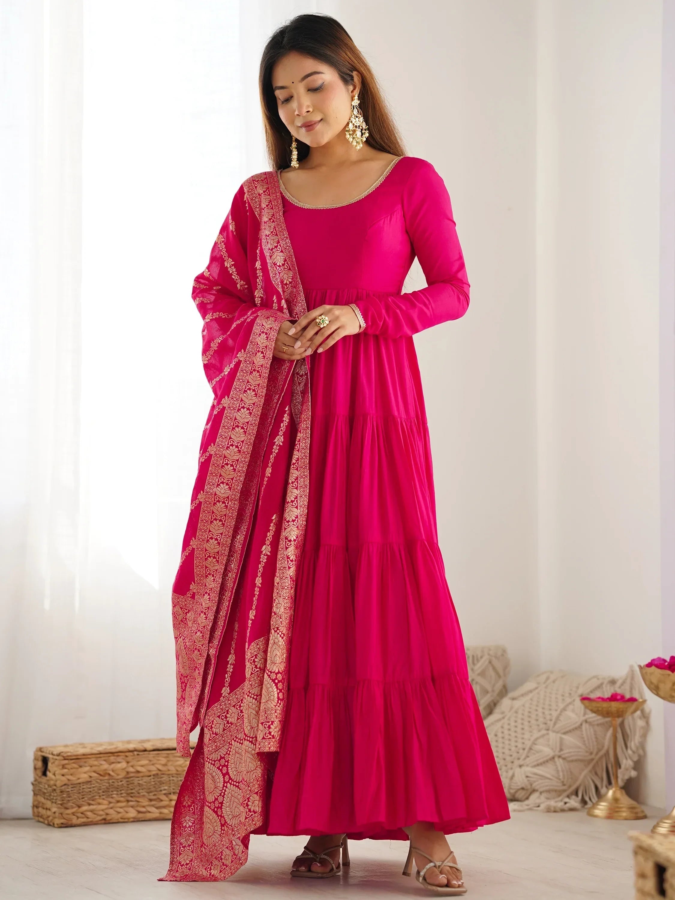 Hot Pink Lovely Chanderi Festival Wear Anarkali Suit With Banarasi Dupatta