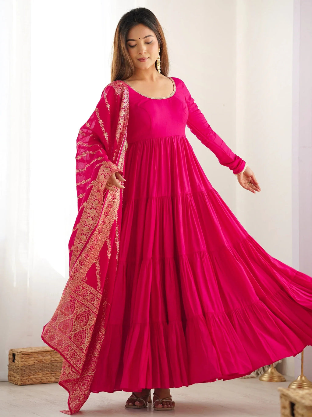 Hot Pink Lovely Chanderi Festival Wear Anarkali Suit With Banarasi Dupatta