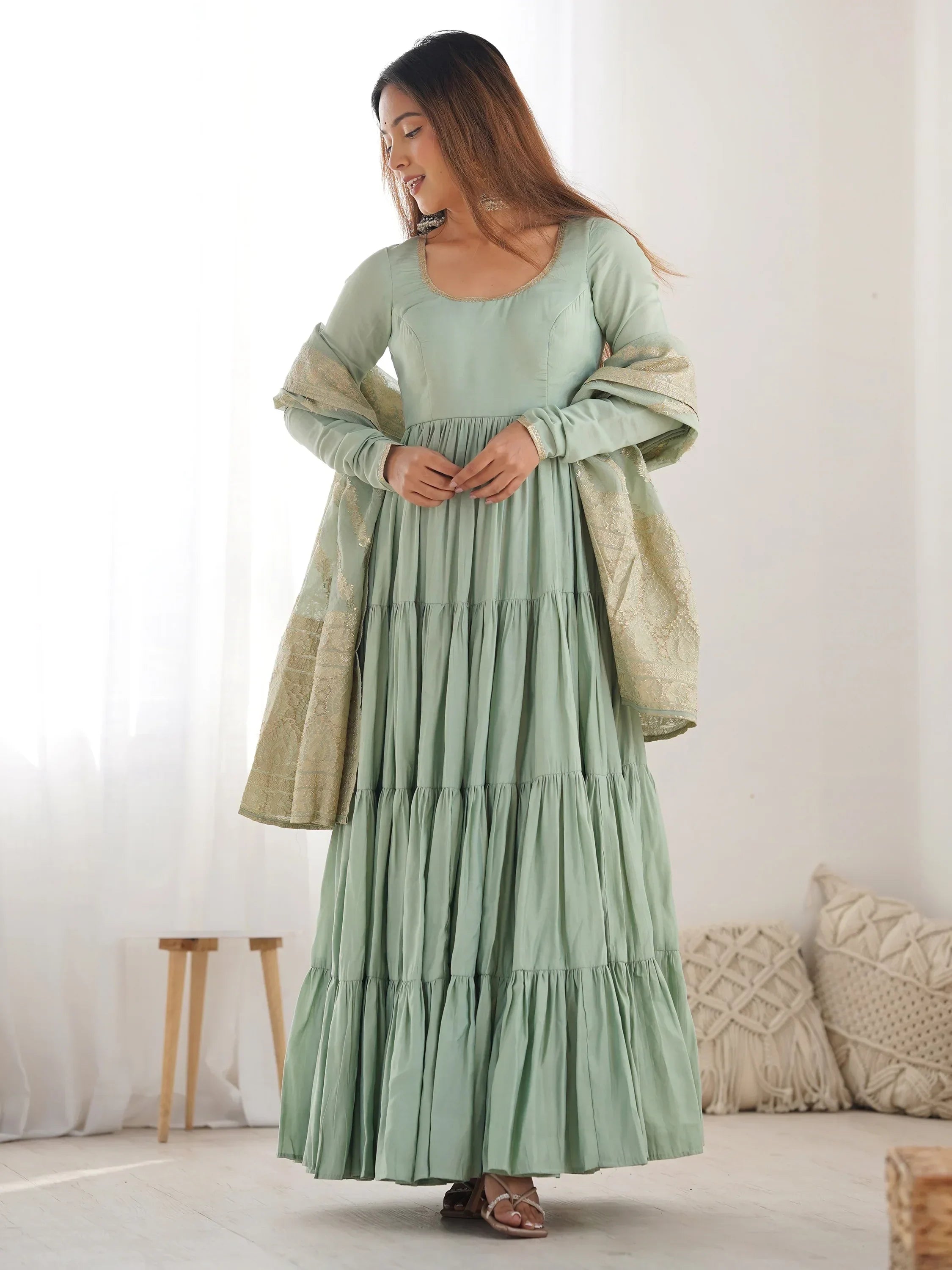 Green Lovely Chanderi Festival Wear Anarkali Suit With Banarasi Dupatta