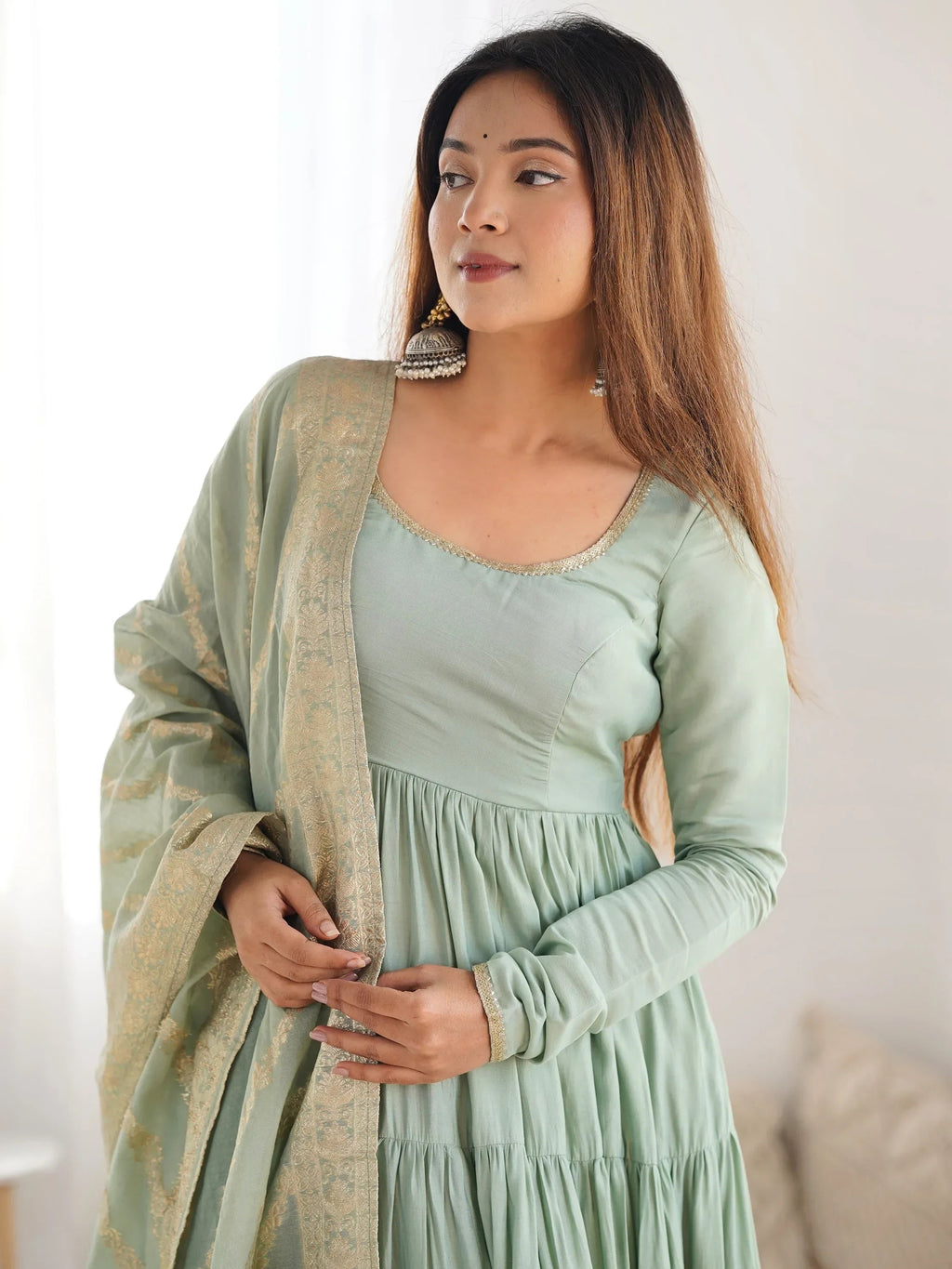 Green Lovely Chanderi Festival Wear Anarkali Suit With Banarasi Dupatta