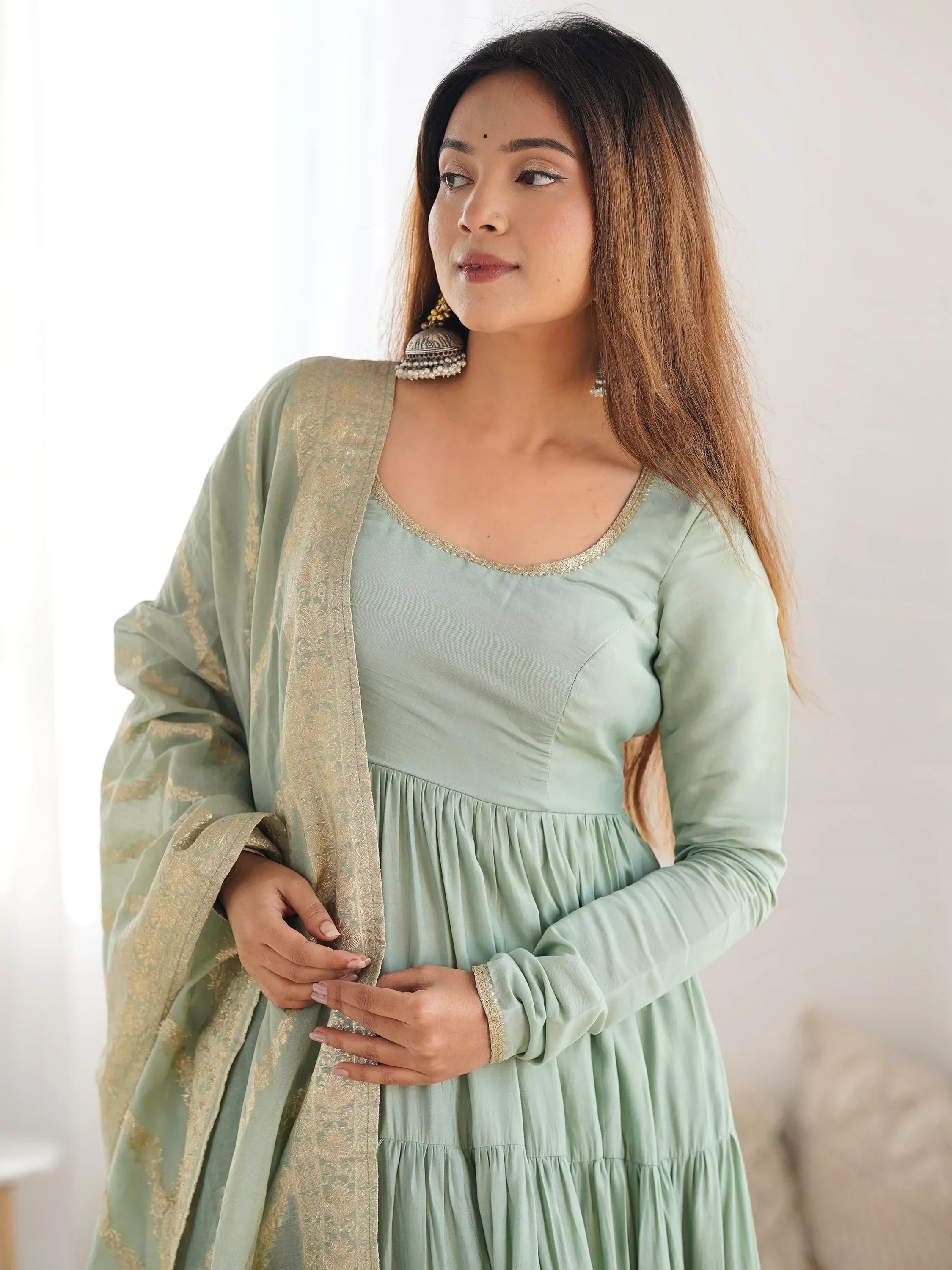 Green Lovely Chanderi Festival Wear Anarkali Suit With Banarasi Dupatta