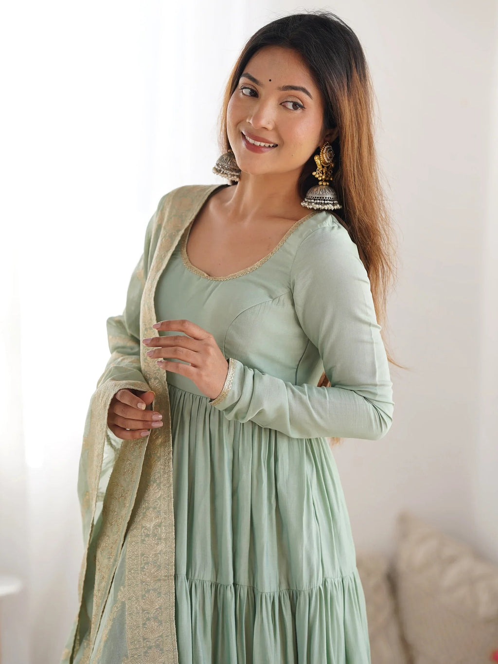 Green Lovely Chanderi Festival Wear Anarkali Suit With Banarasi Dupatta