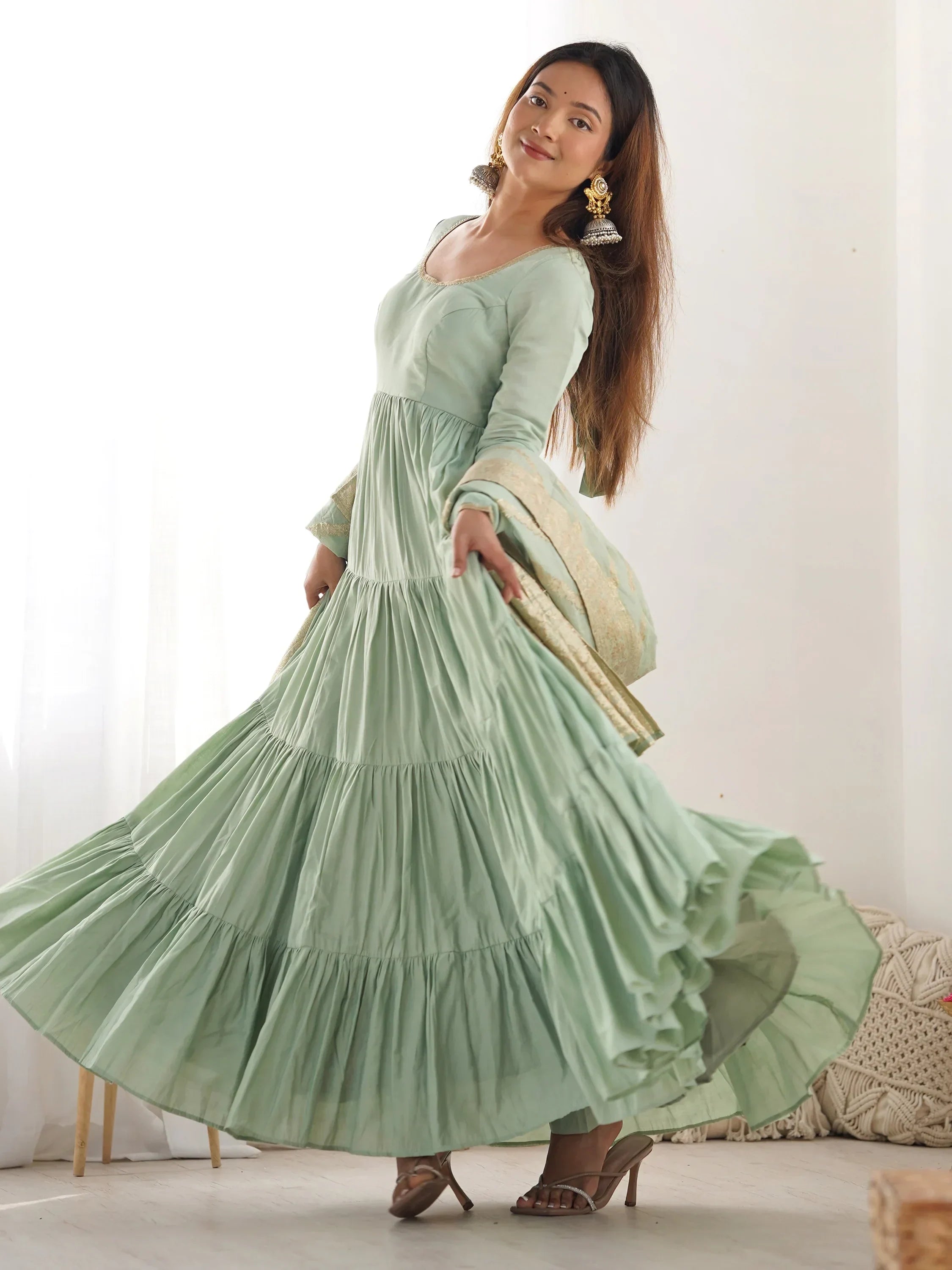 Green Lovely Chanderi Festival Wear Anarkali Suit With Banarasi Dupatta