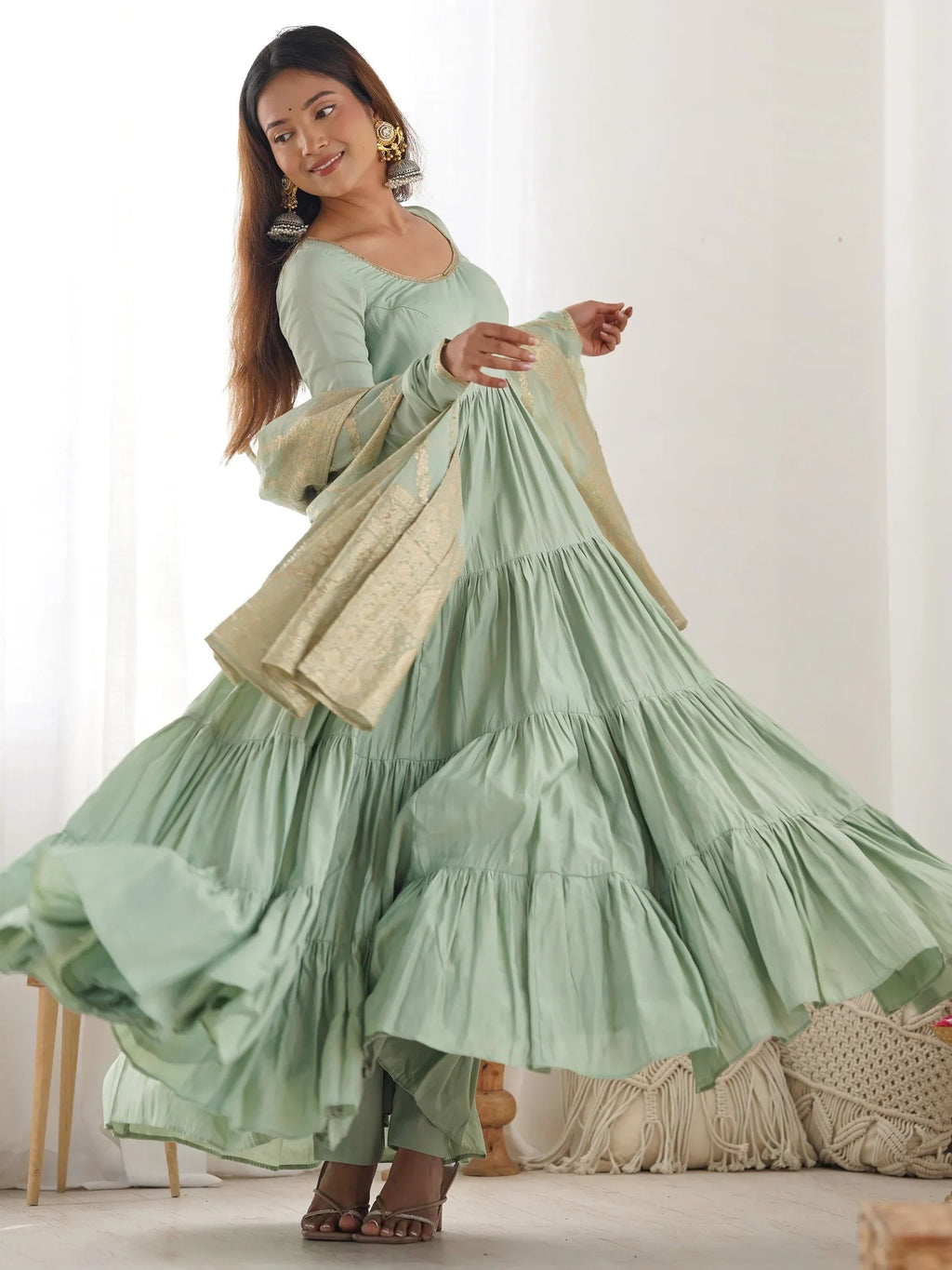 Green Lovely Chanderi Festival Wear Anarkali Suit With Banarasi Dupatta