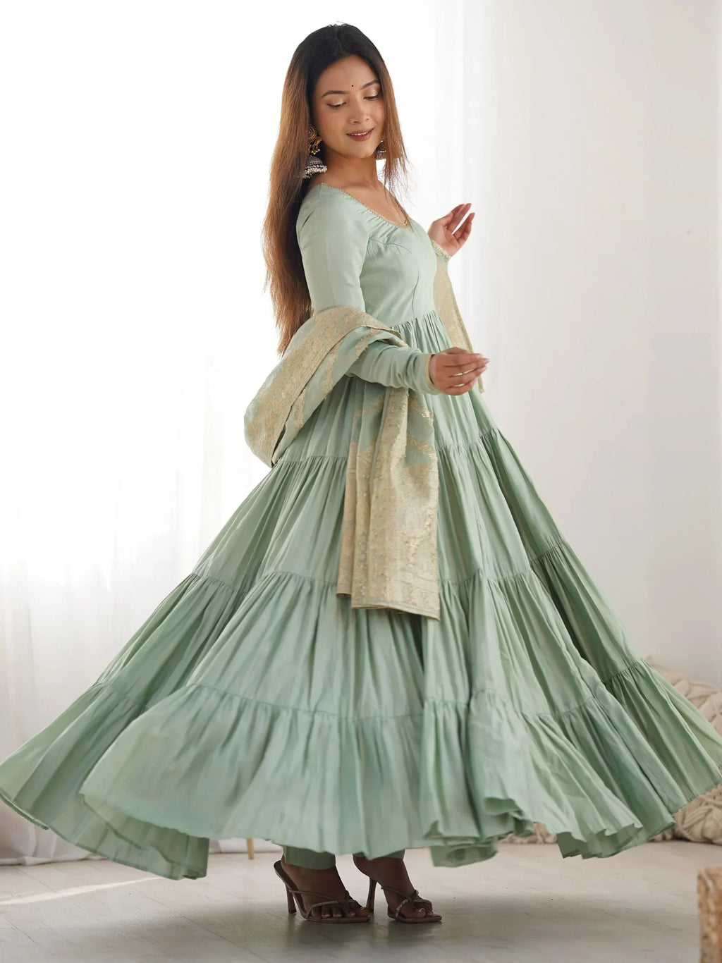 Green Lovely Chanderi Festival Wear Anarkali Suit With Banarasi Dupatta