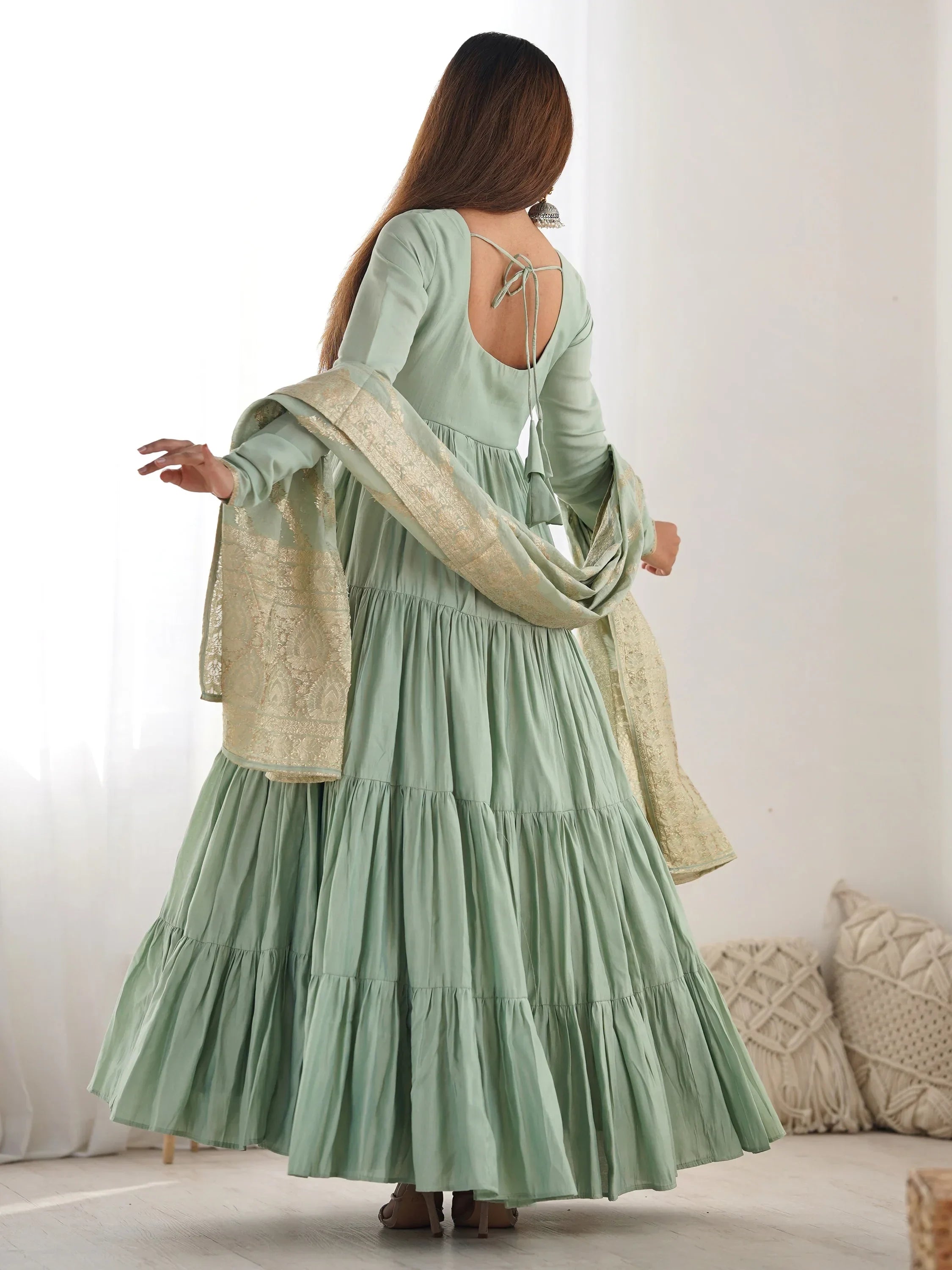 Green Lovely Chanderi Festival Wear Anarkali Suit With Banarasi Dupatta