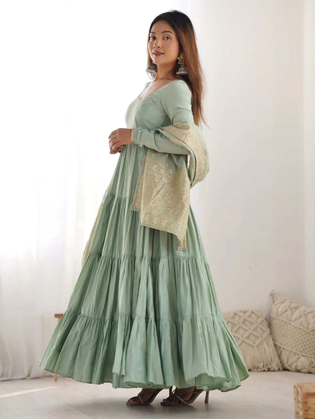 Green Lovely Chanderi Festival Wear Anarkali Suit With Banarasi Dupatta