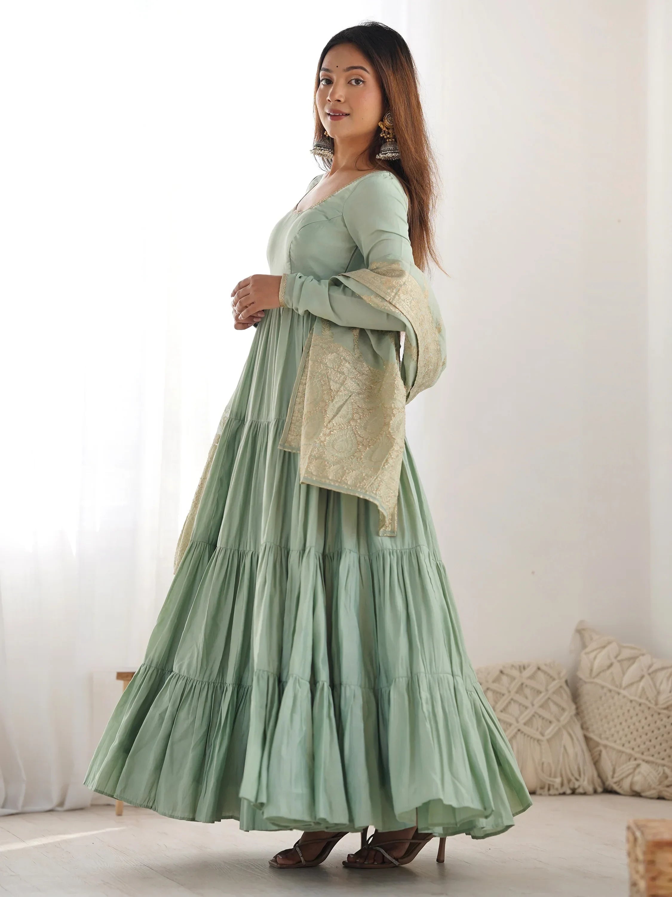 Green Lovely Chanderi Festival Wear Anarkali Suit With Banarasi Dupatta