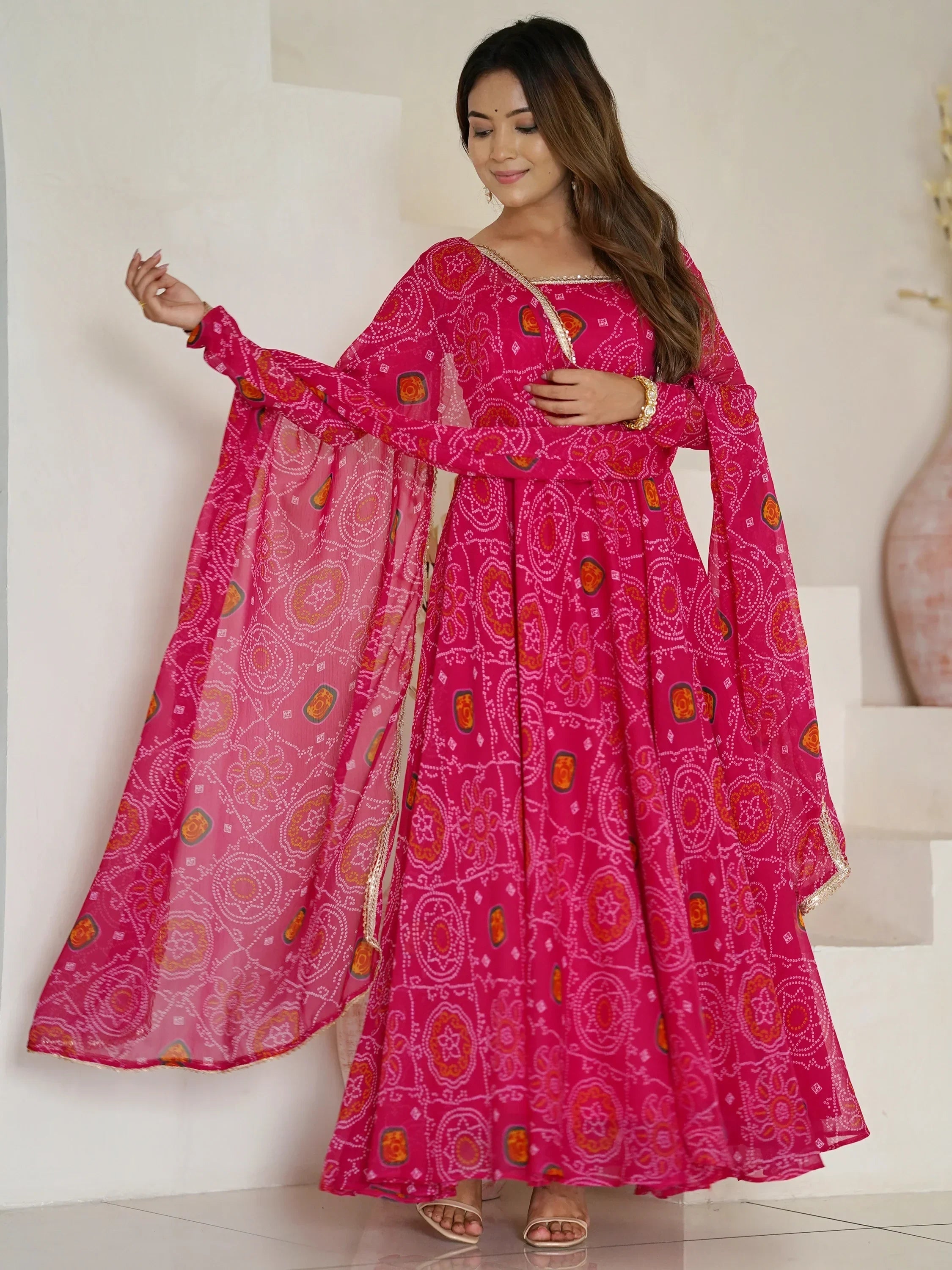 Pink Marvelous Bandhani Printed Georgette Festival Wear Anarkali Suit