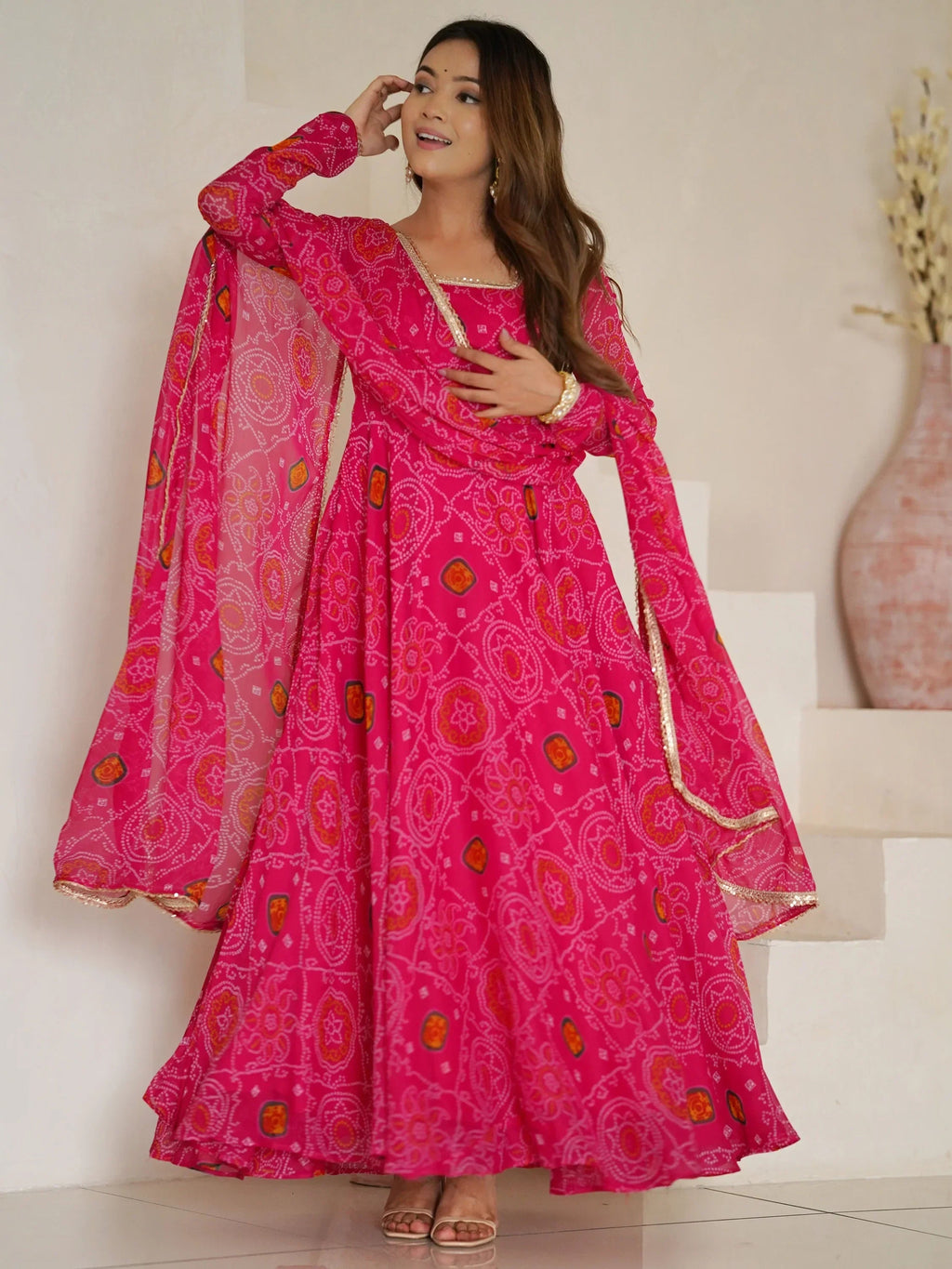 Pink Marvelous Bandhani Printed Georgette Festival Wear Anarkali Suit