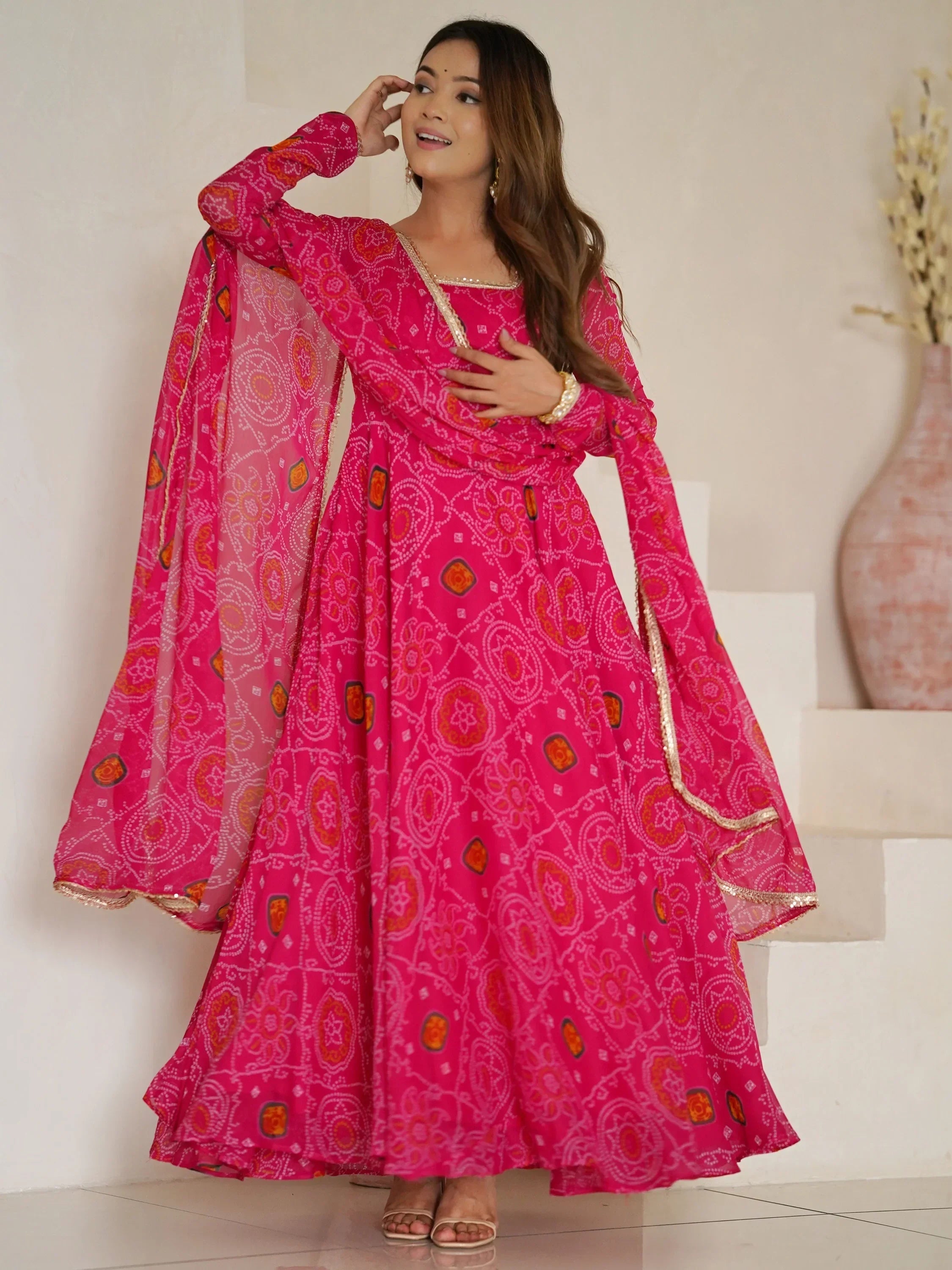 Pink Marvelous Bandhani Printed Georgette Festival Wear Anarkali Suit