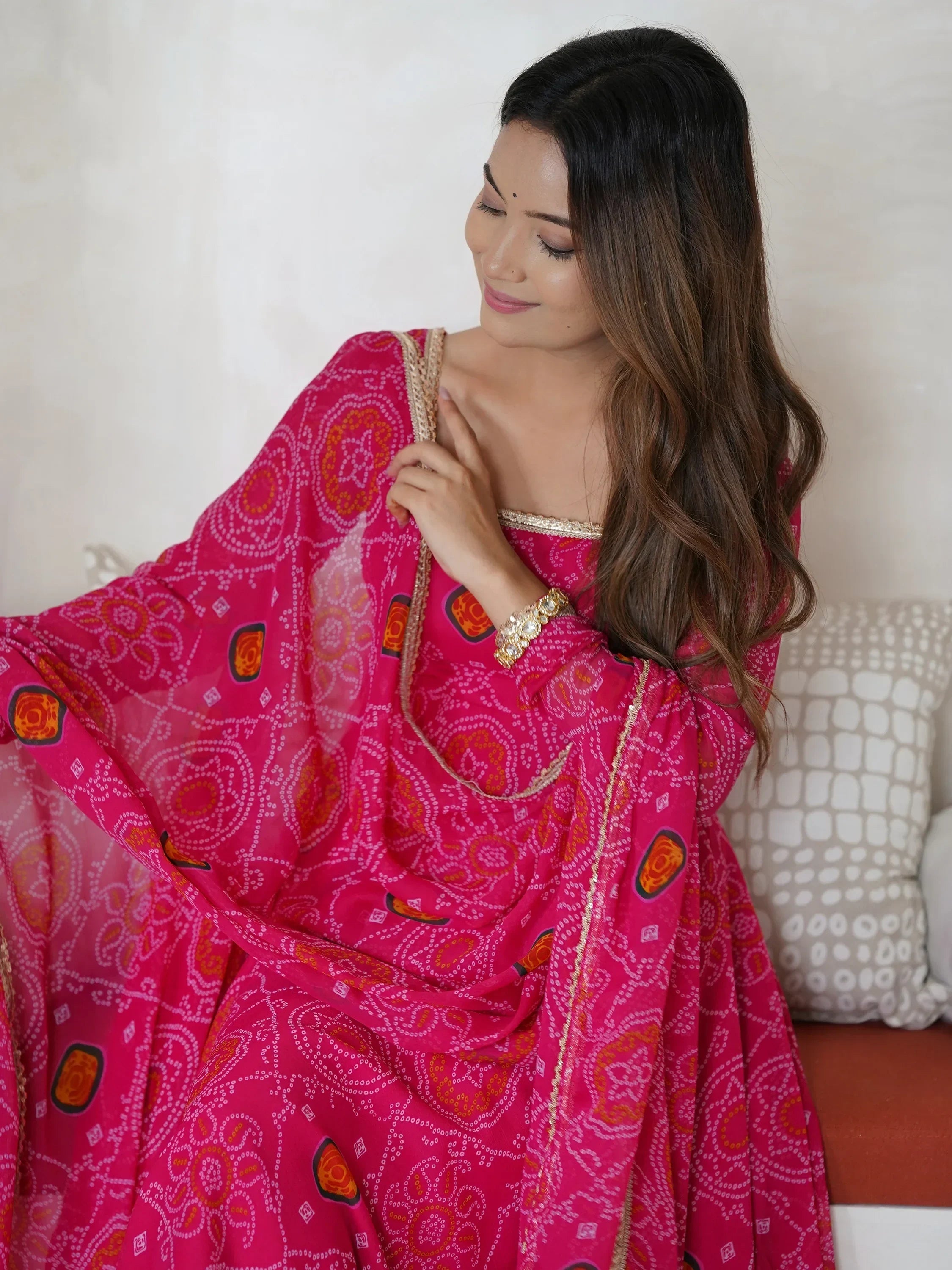Pink Marvelous Bandhani Printed Georgette Festival Wear Anarkali Suit