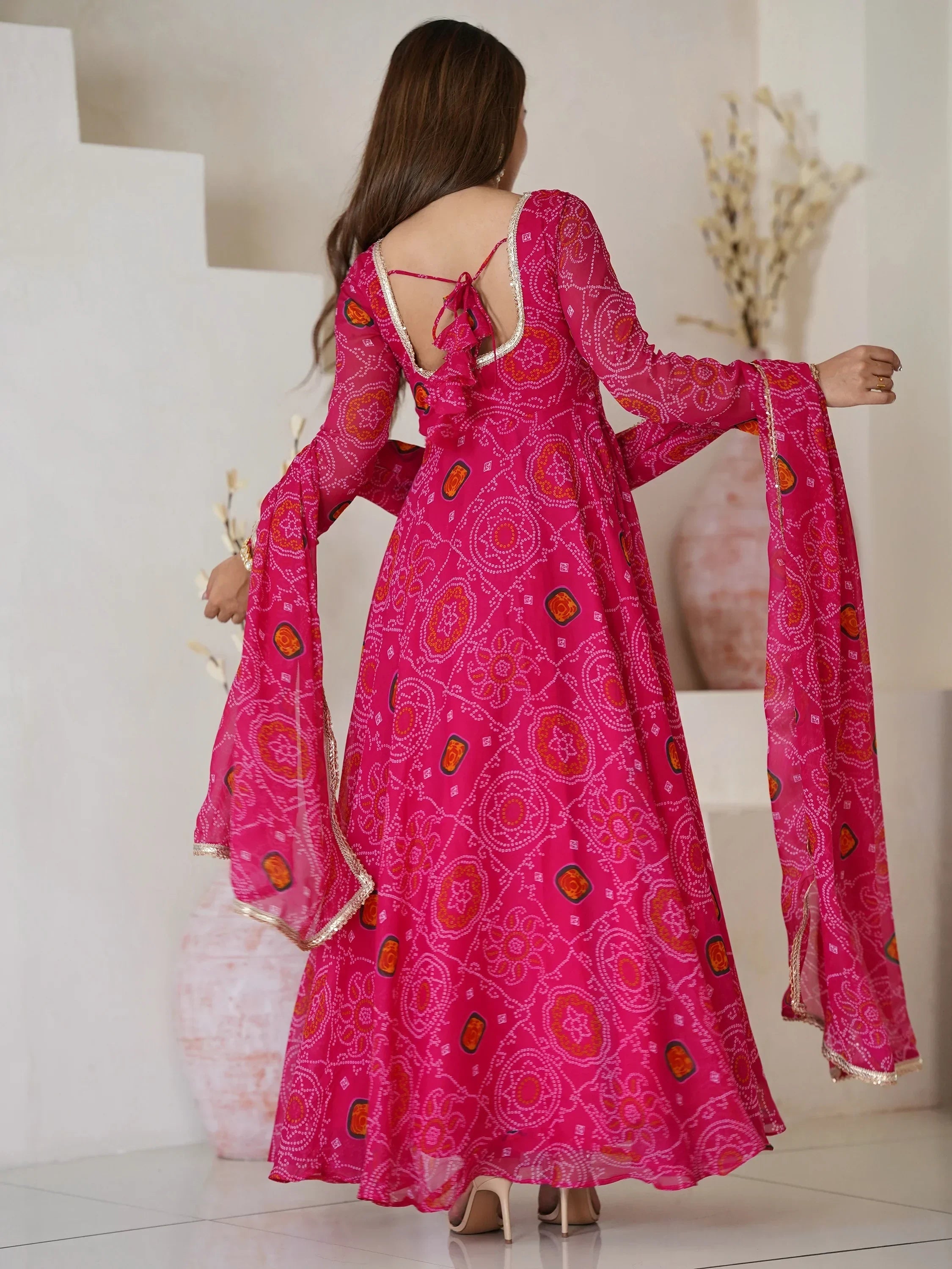 Pink Marvelous Bandhani Printed Georgette Festival Wear Anarkali Suit