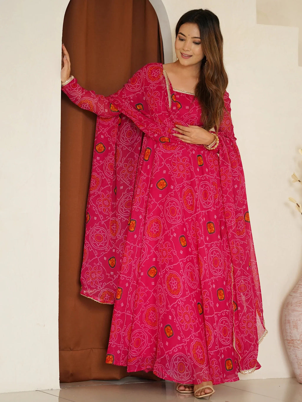 Pink Marvelous Bandhani Printed Georgette Festival Wear Anarkali Suit