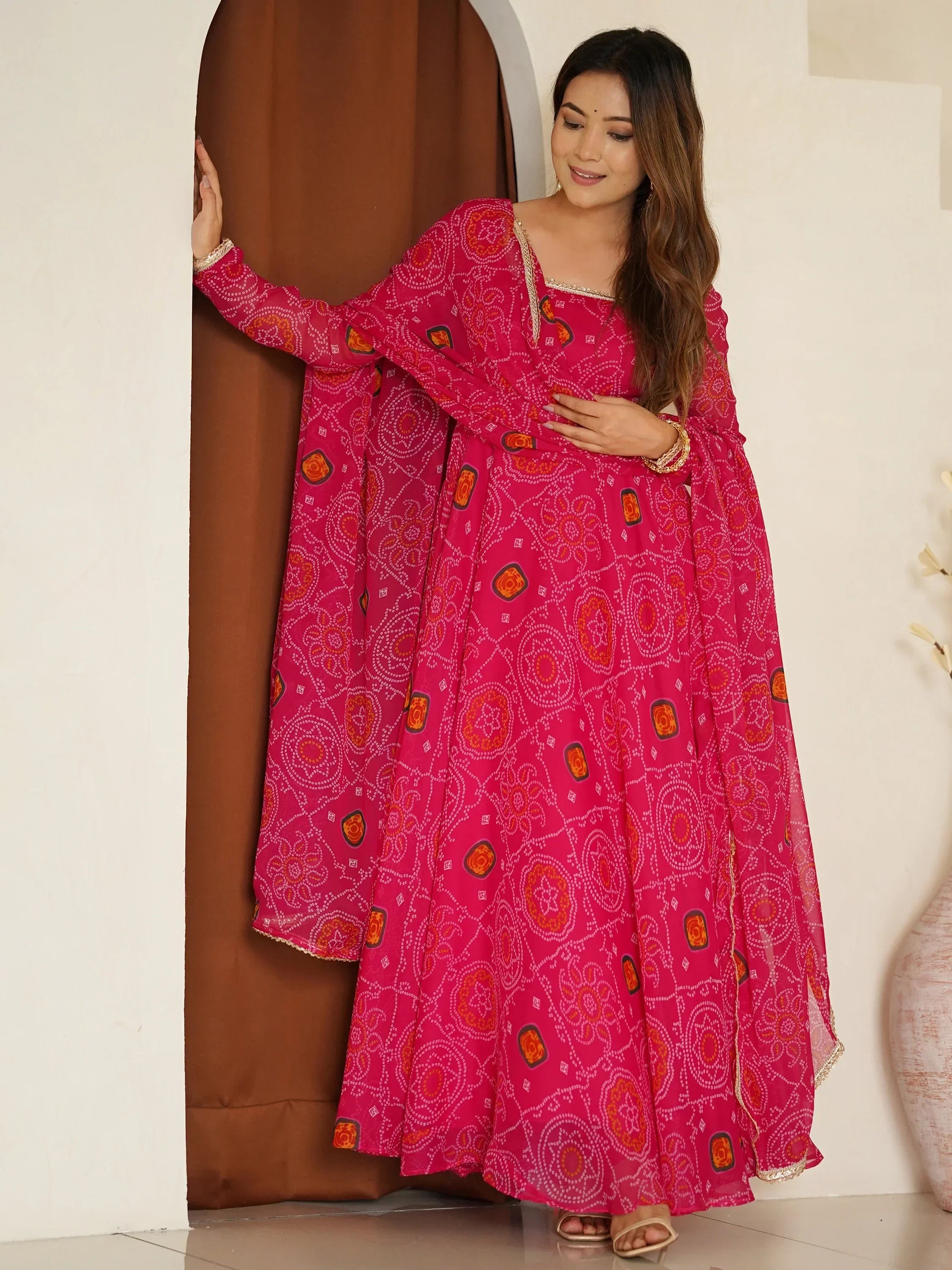 Pink Marvelous Bandhani Printed Georgette Festival Wear Anarkali Suit