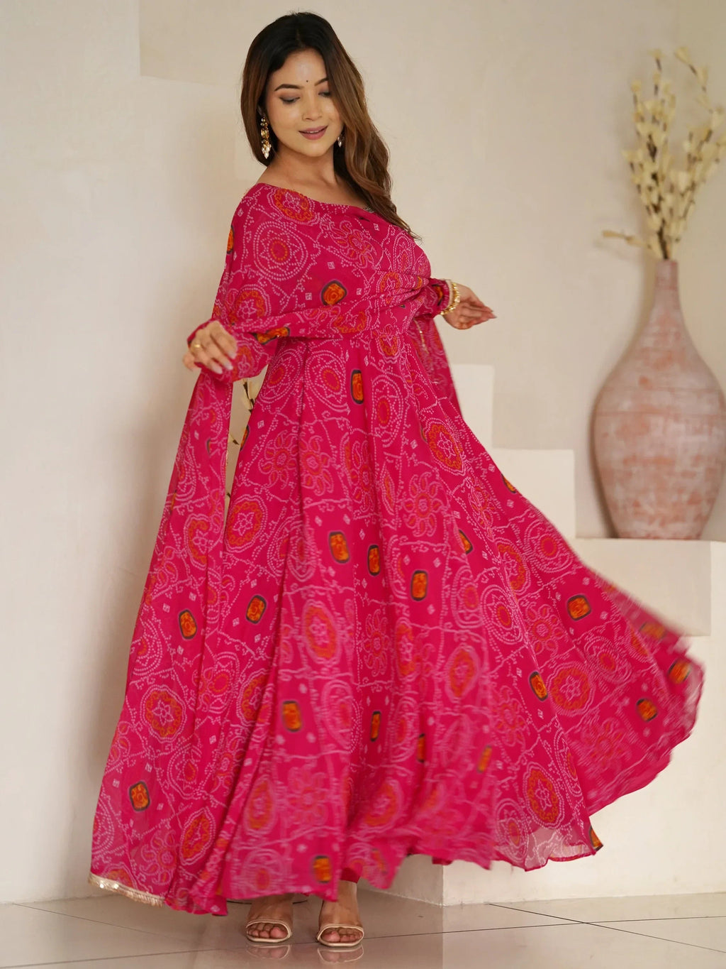 Pink Marvelous Bandhani Printed Georgette Festival Wear Anarkali Suit