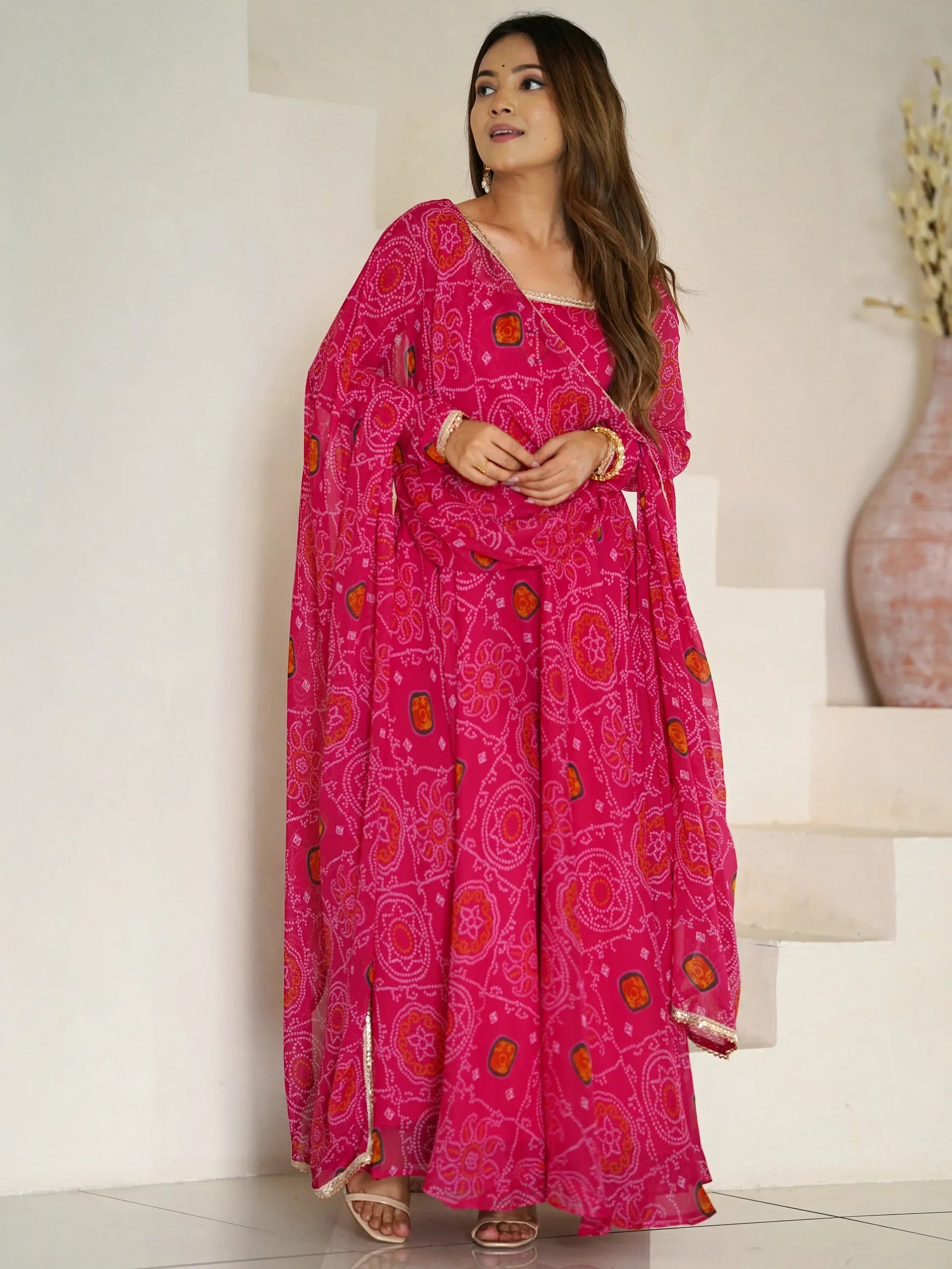 Pink Marvelous Bandhani Printed Georgette Festival Wear Anarkali Suit