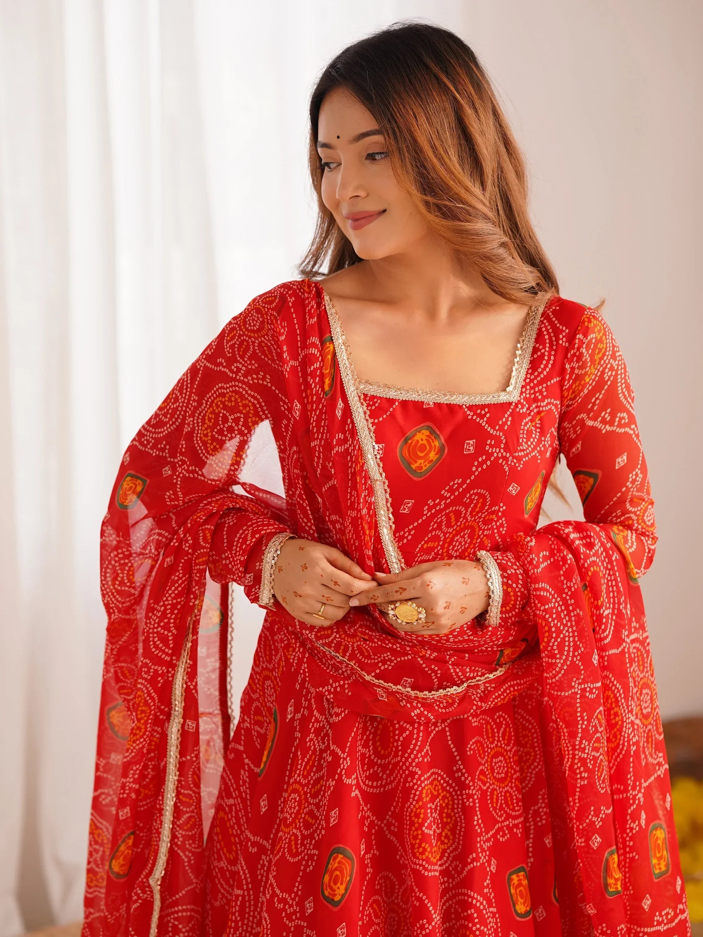 Red Marvelous Bandhani Printed Georgette Festival Wear Anarkali Suit