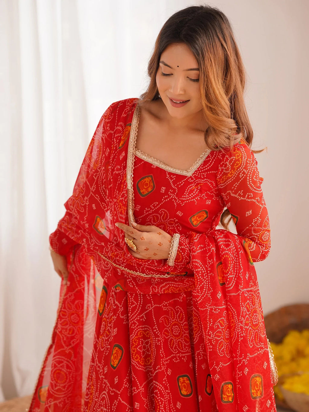 Red Marvelous Bandhani Printed Georgette Festival Wear Anarkali Suit