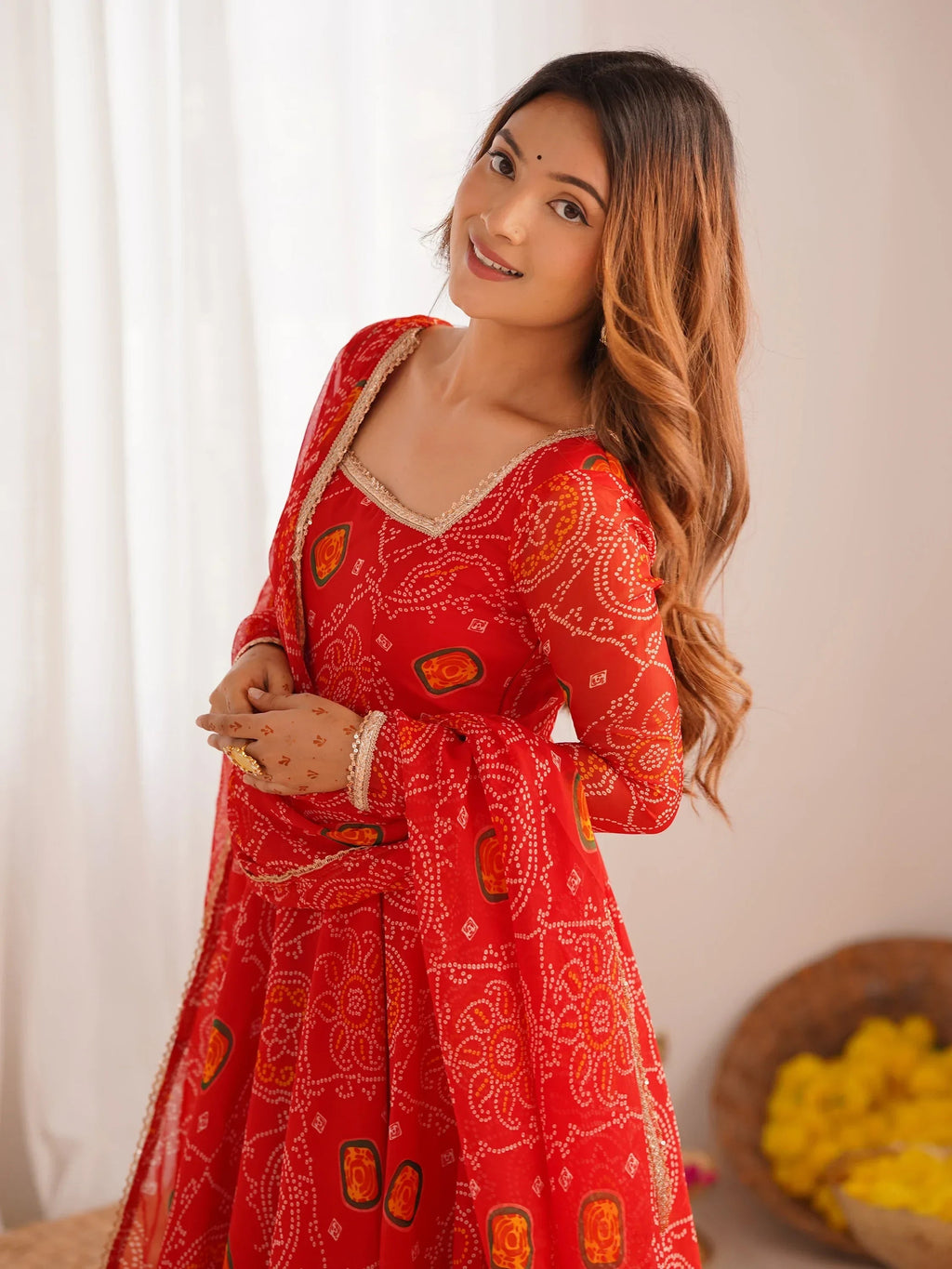 Red Marvelous Bandhani Printed Georgette Festival Wear Anarkali Suit