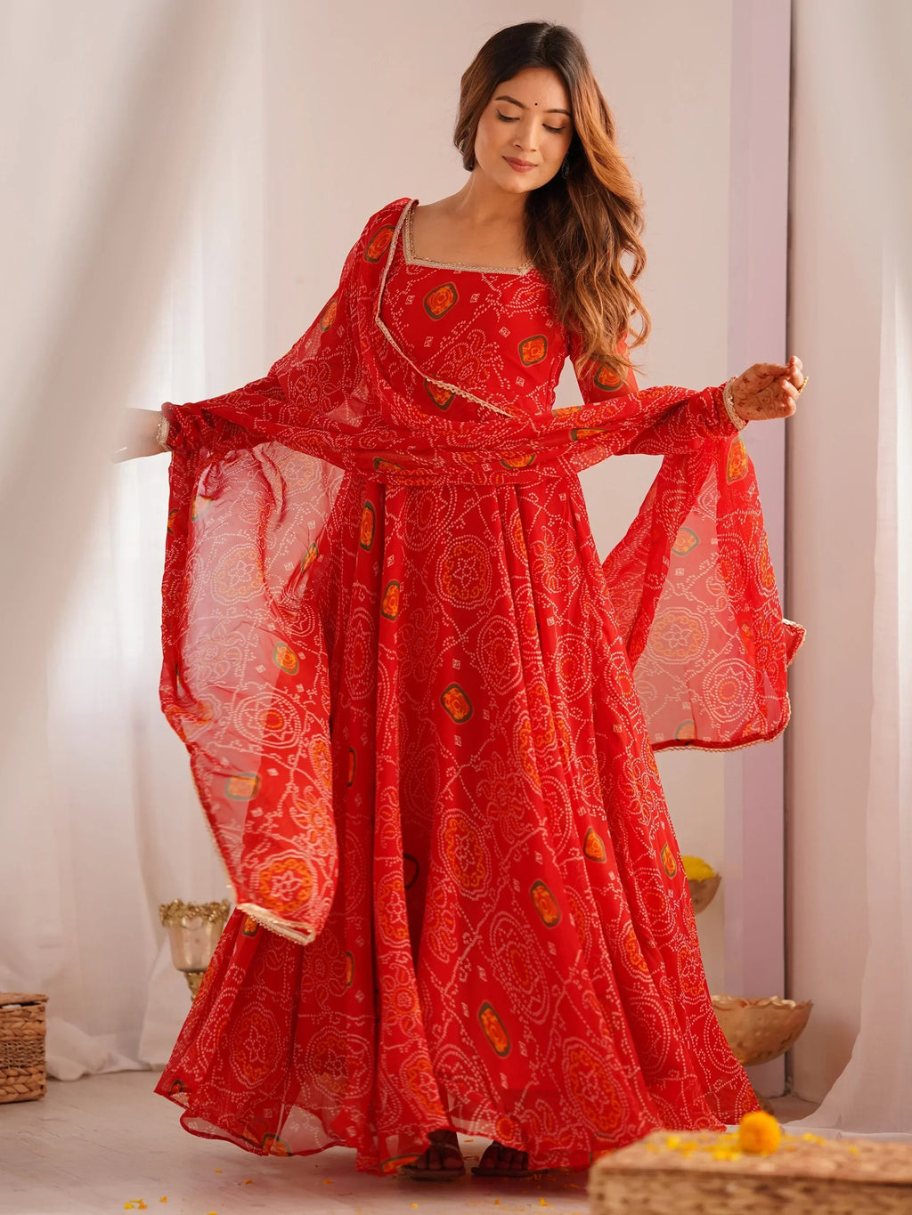 Red Marvelous Bandhani Printed Georgette Festival Wear Anarkali Suit